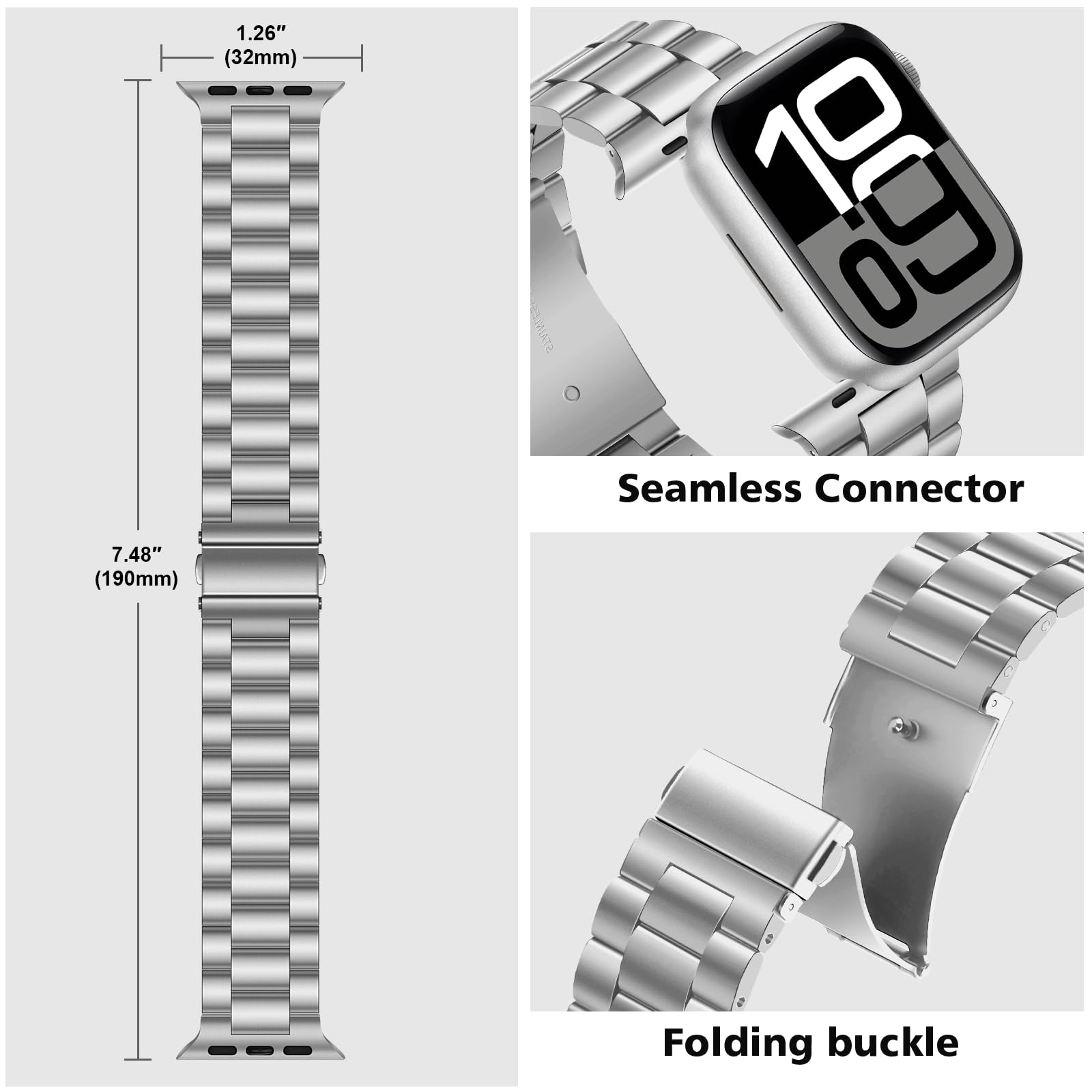 Tasikar Bracelet en métal compatible avec Apple Watch 46mm (série 11/10) 45mm 44mm 42mm Bracelet en acier inoxydable compatible avec Apple Watch Ultra 3 2 1 SE Séries 10 9 8 7 6 5 4 3, Argent