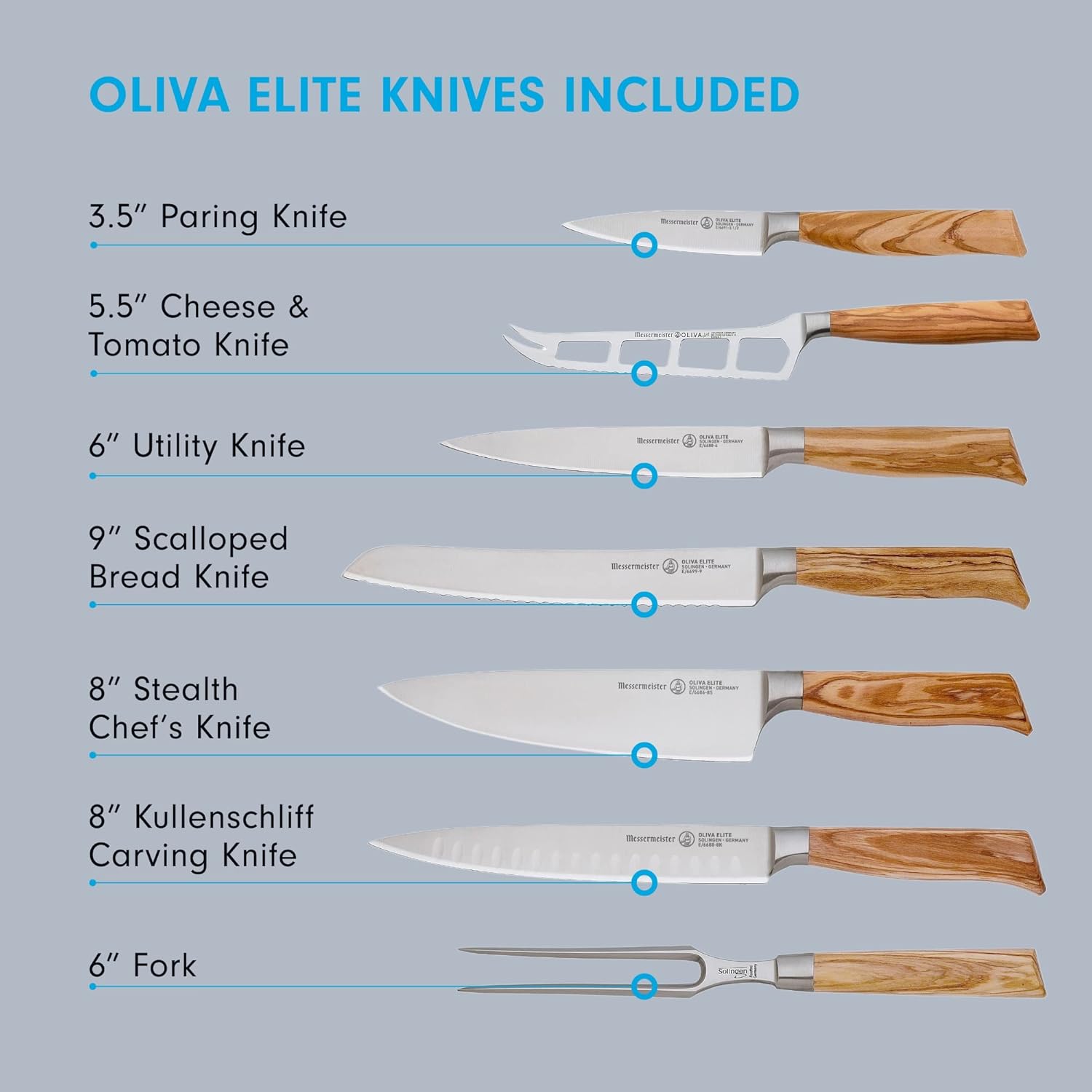 Messermeister Oliva Elite 8-Piece Magnet Block Set - Includes Chef’s, Bread, Carving, Fork, Cheese & Tomato, Utility & Paring Knife + Magnet Block
