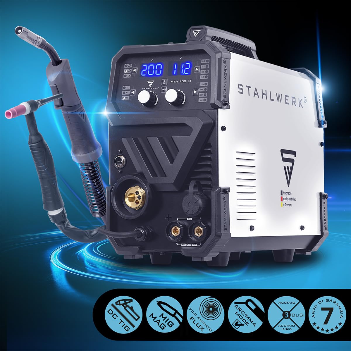 STAHLWERK Saldatrice combinata 3-in-1 MTM-200 ST – Inverter per TIG, MIG/MAG, MMA fino a 200 A, avanzamento sinergico, 4 rulli, per filo animato, acciaio, lamiere sottili