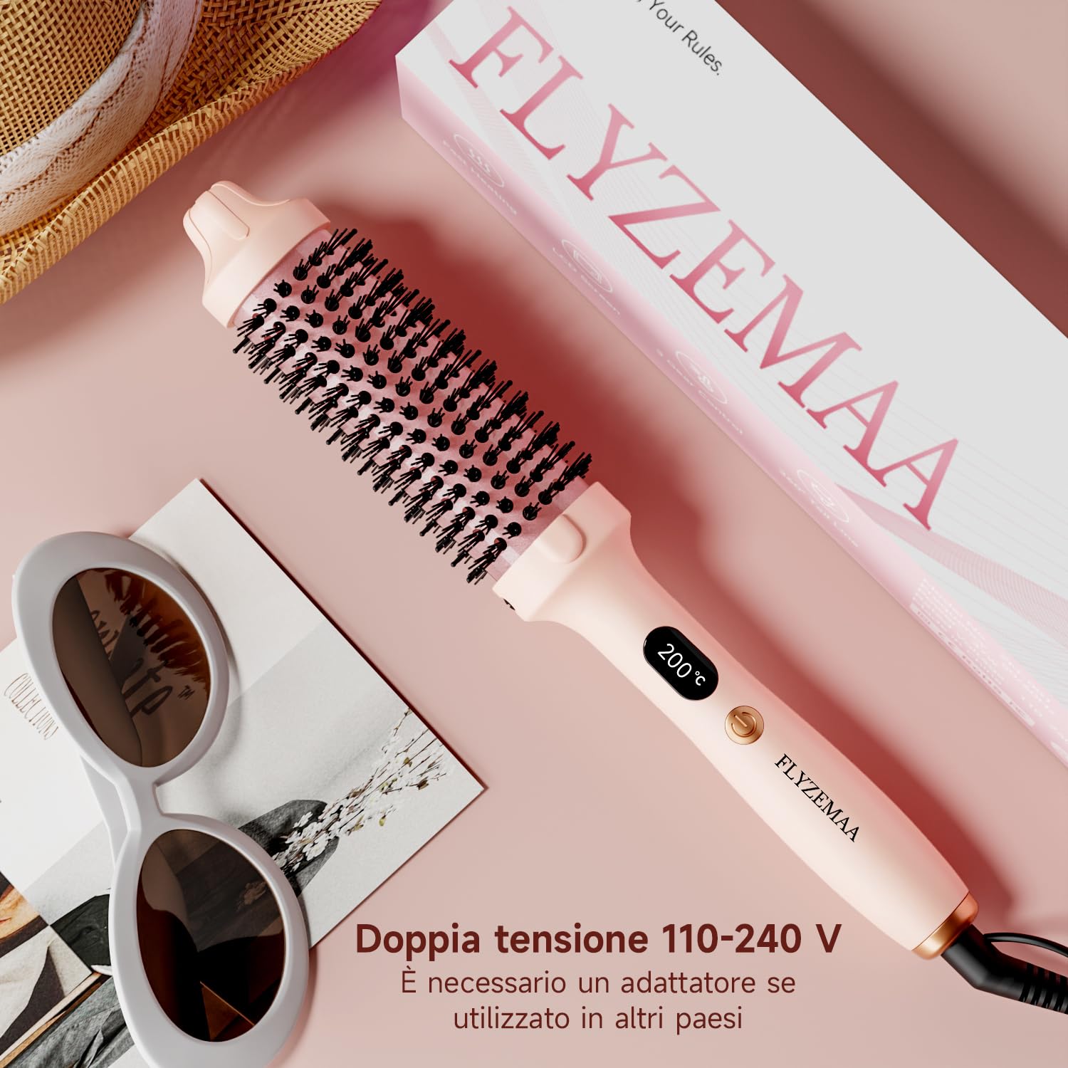 3 in 1 Ceramic Tourmaline Thermal Brush 38 mm Smoothing & Curls with 3 Temp Heating 30s Anti Scalding (Pink)