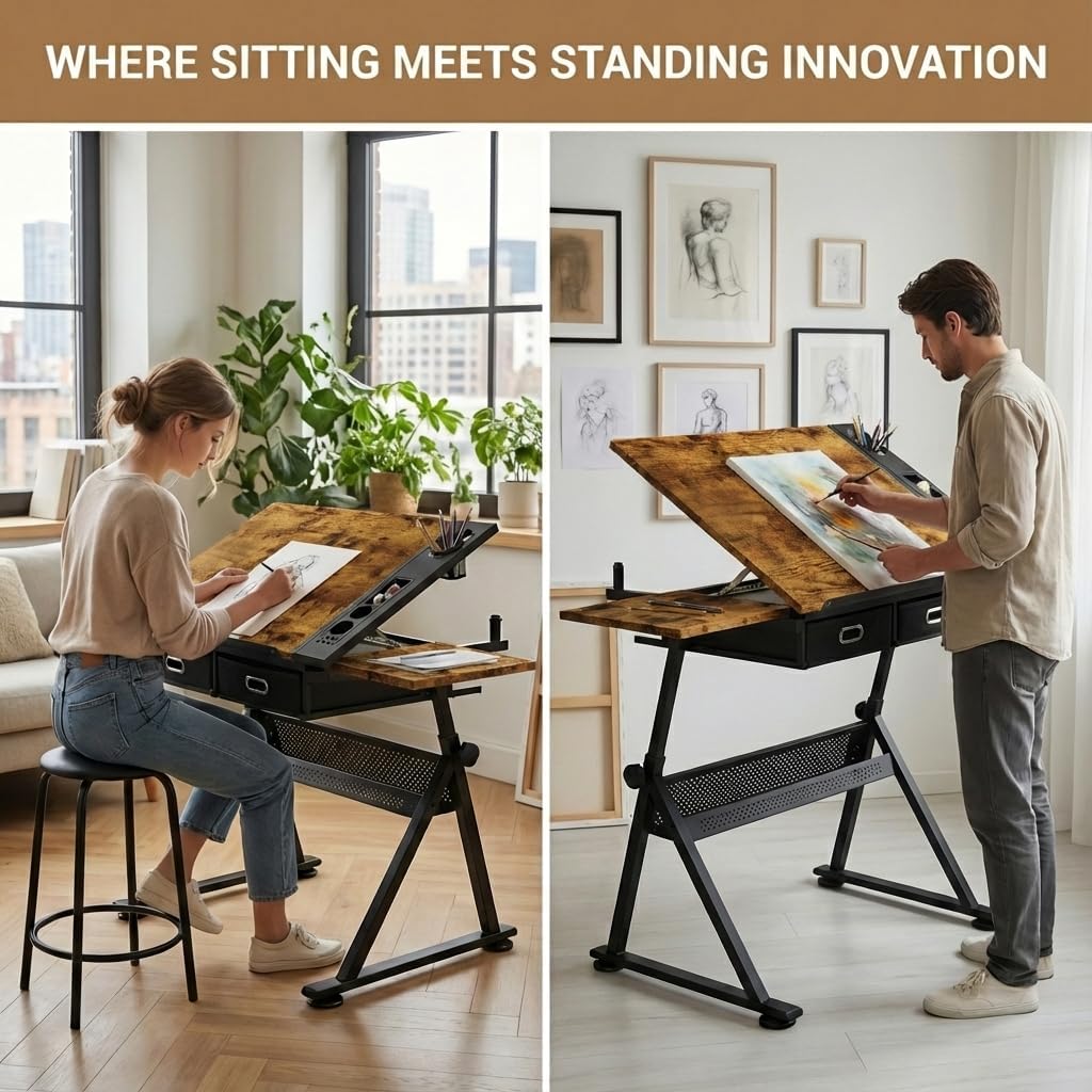 Drafting Table with Storage & Stool: Adjustable Tilting Art Desk, 2 Drawers, Height Adjustable Craft Table for Drawing, Painting, Home Office (Rustic Brown)