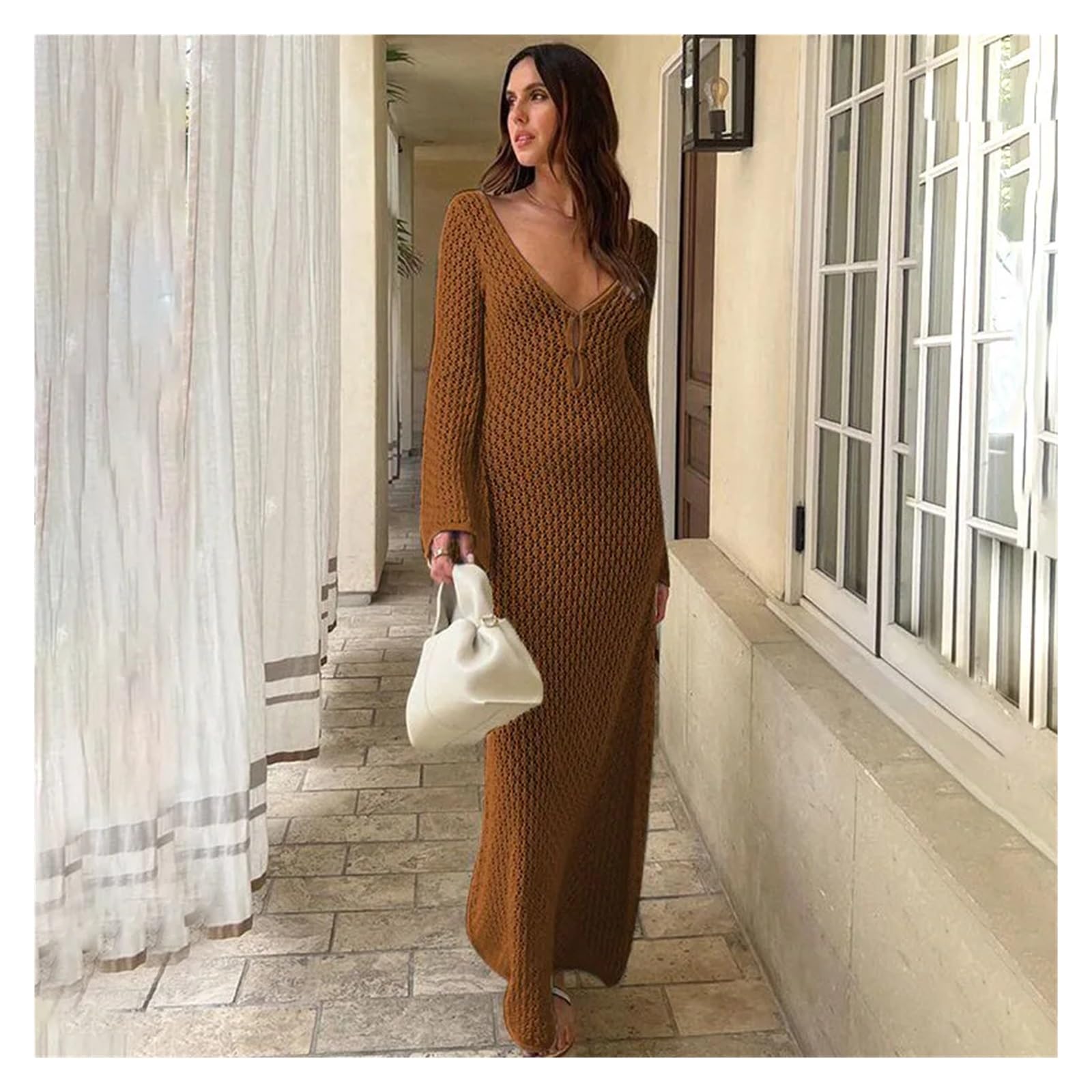 Genérico Vestido Playa Mujer Vestido Playero de Punto for Mujer, Vestido Playero Elegante, Liso, Transparente, ceñido, Acampanado, Mangas largas, Bikinis para Playa(DJ7278K1,M)