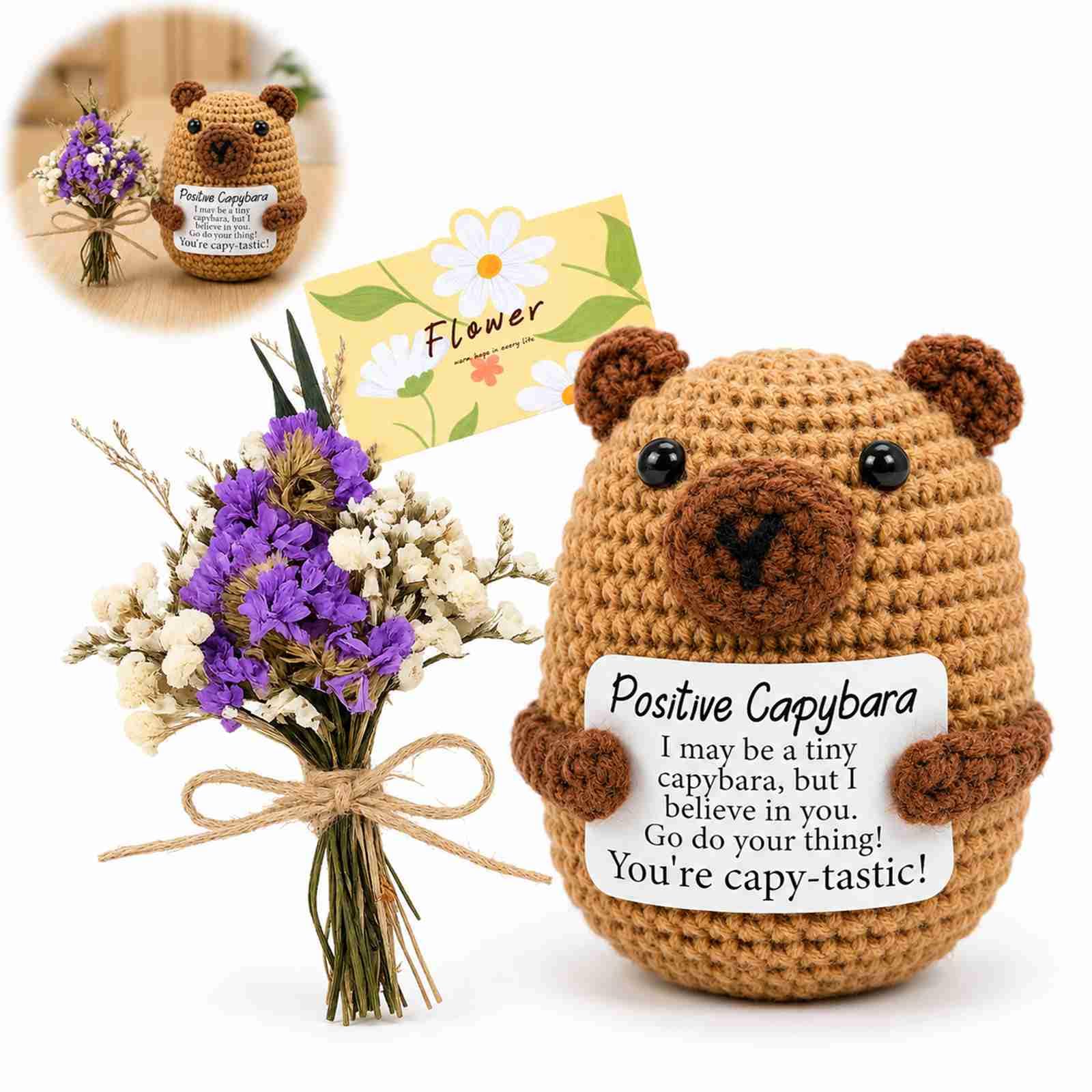 Handmade Positive Crochet Plush Toy with Inspirational Card - Cute Soft Stuffed Animal, Unique Friendship Gift for Women, Mum, Son, Teacher on Birthday, Mother's Day, Christmas