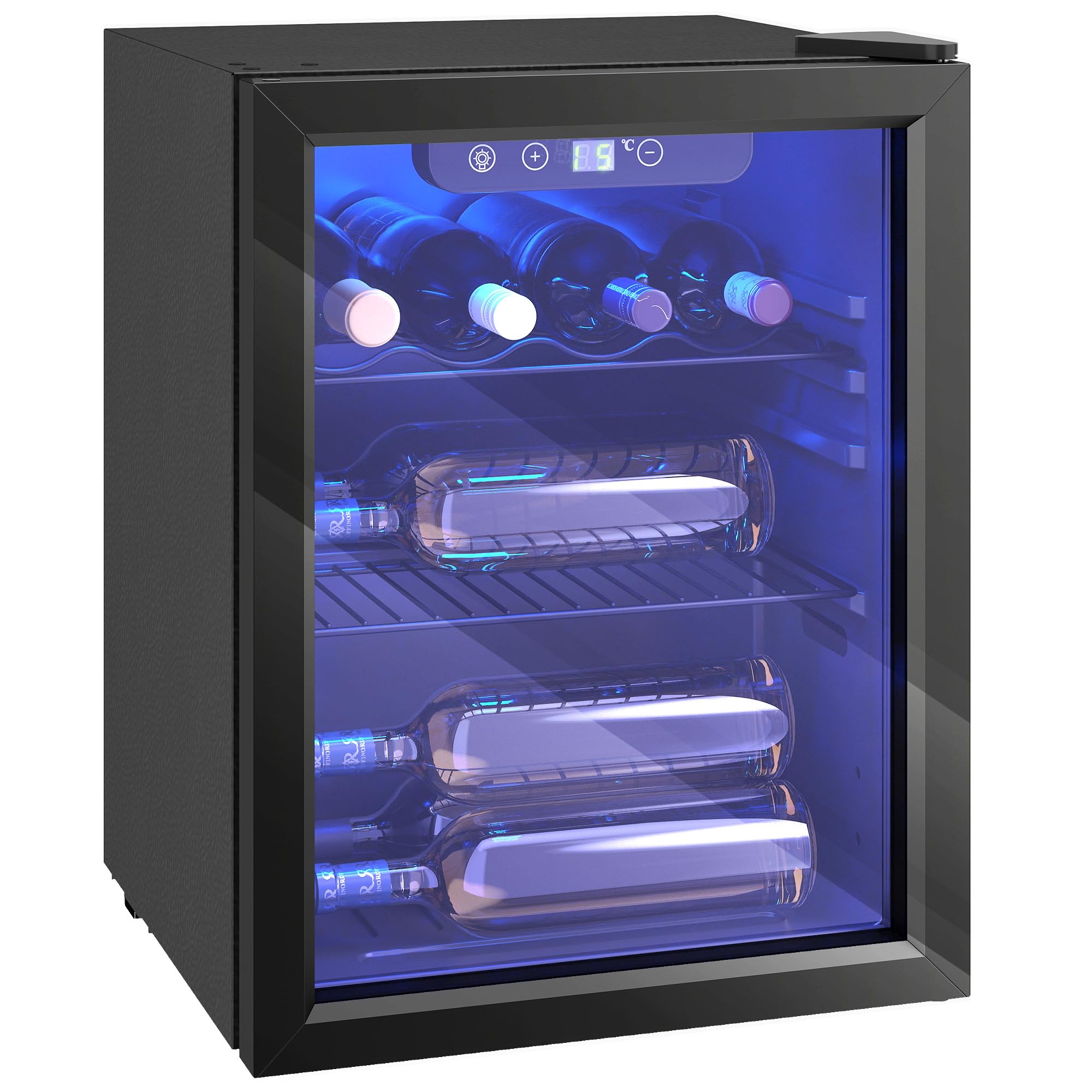 HOMCOM Nevera para vino (16 botellas, 48 L), color negro | Frigorífico para bebidas, 4-16 °C, puerta de doble cristal, iluminación LED, pantalla LED, Wine Fridge