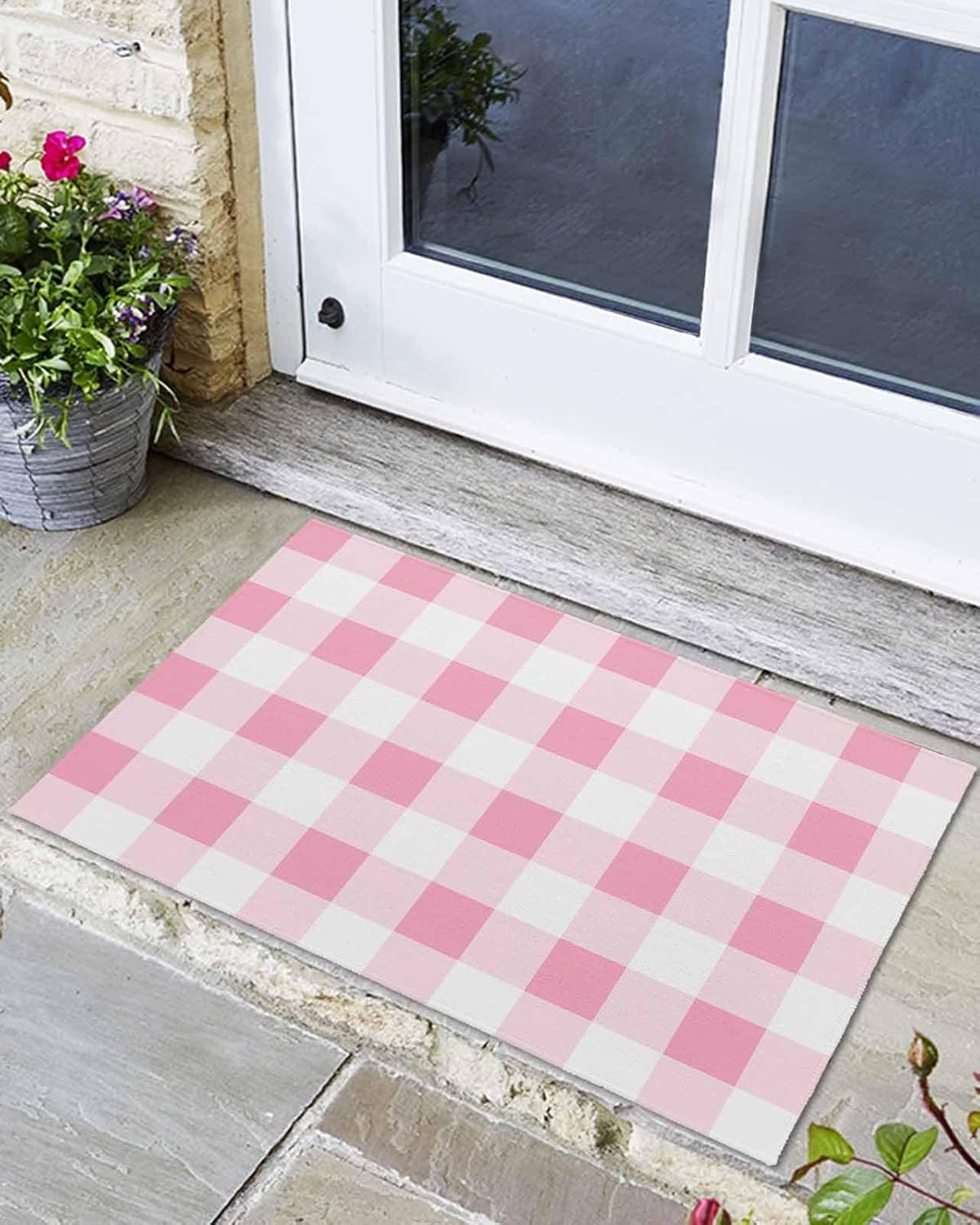 Front Doormat Indoor Outdoor Entrance, Pink Plaid Spring Easter Buffalo Check Valentine's Day Non-Slip Door Mats Low Profile Patio Porch Entryway Rugs, 24"x36"