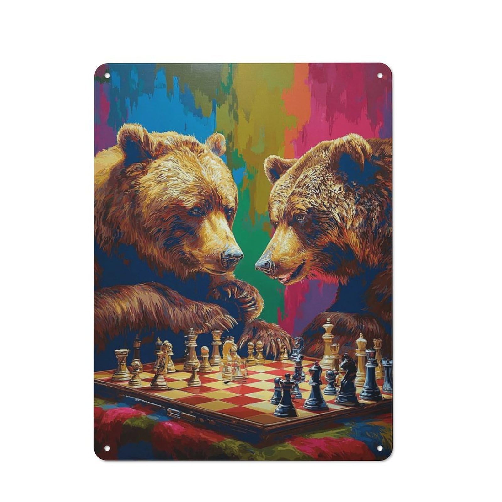 Junmoney Two Bears Play Chess A Colorful Battle Of Wi Modern Vintage Ts Metal Desk Wall Sign 40X30cm, Office Wall Decor For Office, Study, Studio Or Hallway