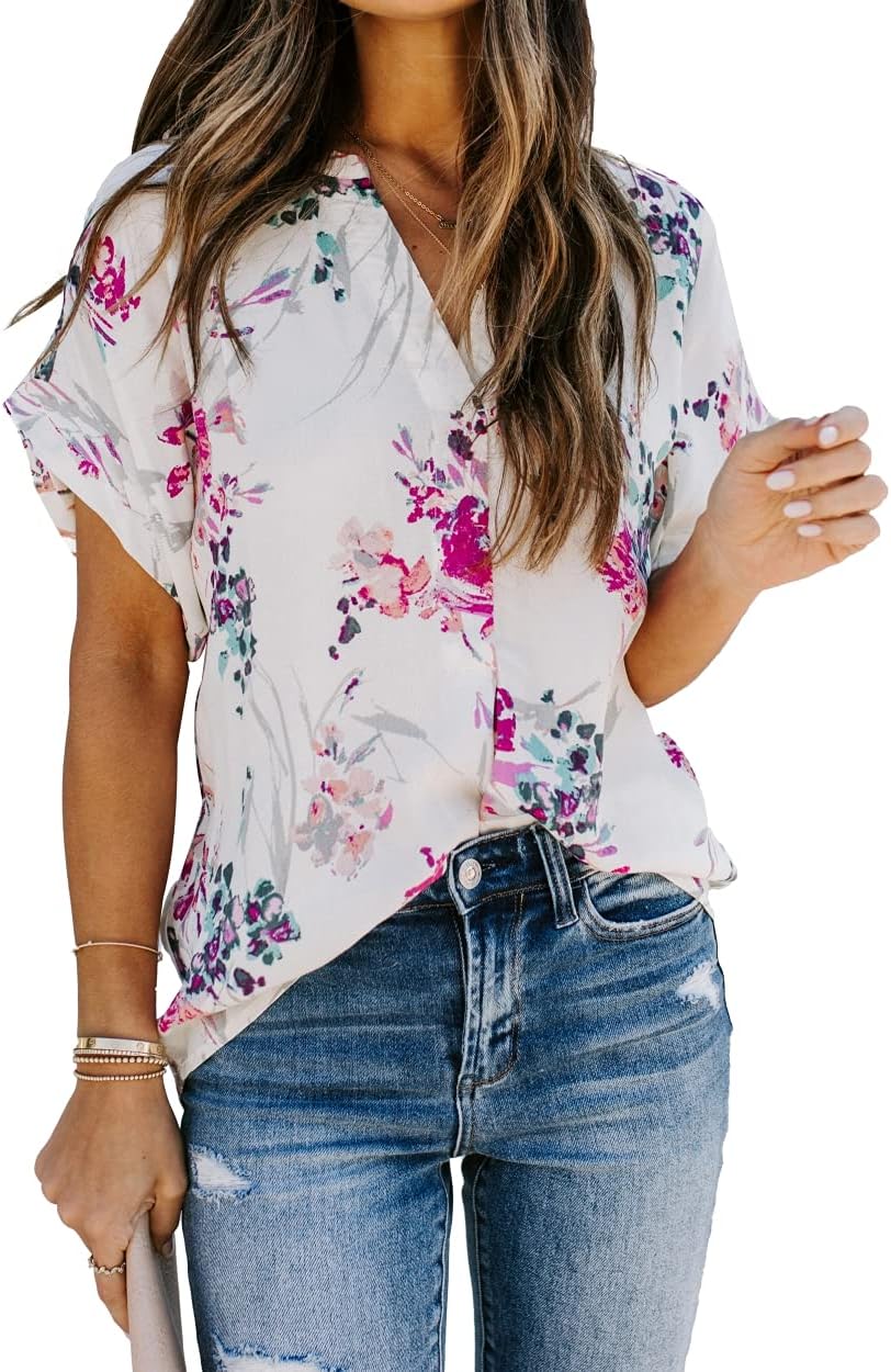 Women Summer Casual Split V Neckline Floral Chiffon Blouses Loose Tunic Short Sleeve Tops