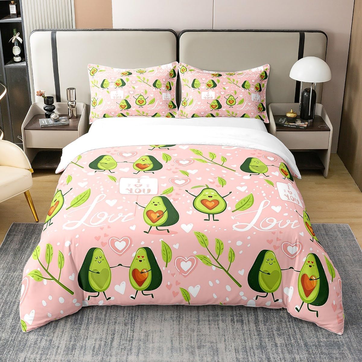 Homewish Coton, Housse de Couette Avocat 240x260 pour Enfants Garçons Filles, Parure de Lit Coeur d'amour Mignon, Ensemble de Literie Imprimé Fruits Tropicaux et Feuilles, Rose Vert