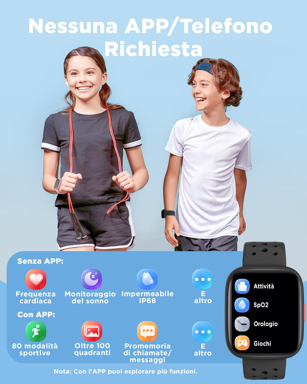 BIGGERFIVE Smartwatch Bambini Bambina Ado 5-16, 1,8" Fitness Tracker | Orologio Contapassi, Frequenza Cardiaca, Resistente all'Acqua IP68, Monitor del Sonno, Giochi Puzzle con/senza APP, Nero