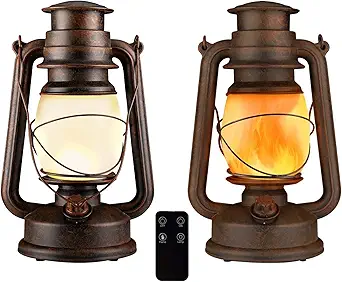 2 Pack LED Vintage Lantern Decorative, Indoor/Outdoor Hanging Waterproof Lanterns with Smart Remote, Battery Operated Lanterns Flickering Flame 2 Models for Garden Yard Pathway Porch