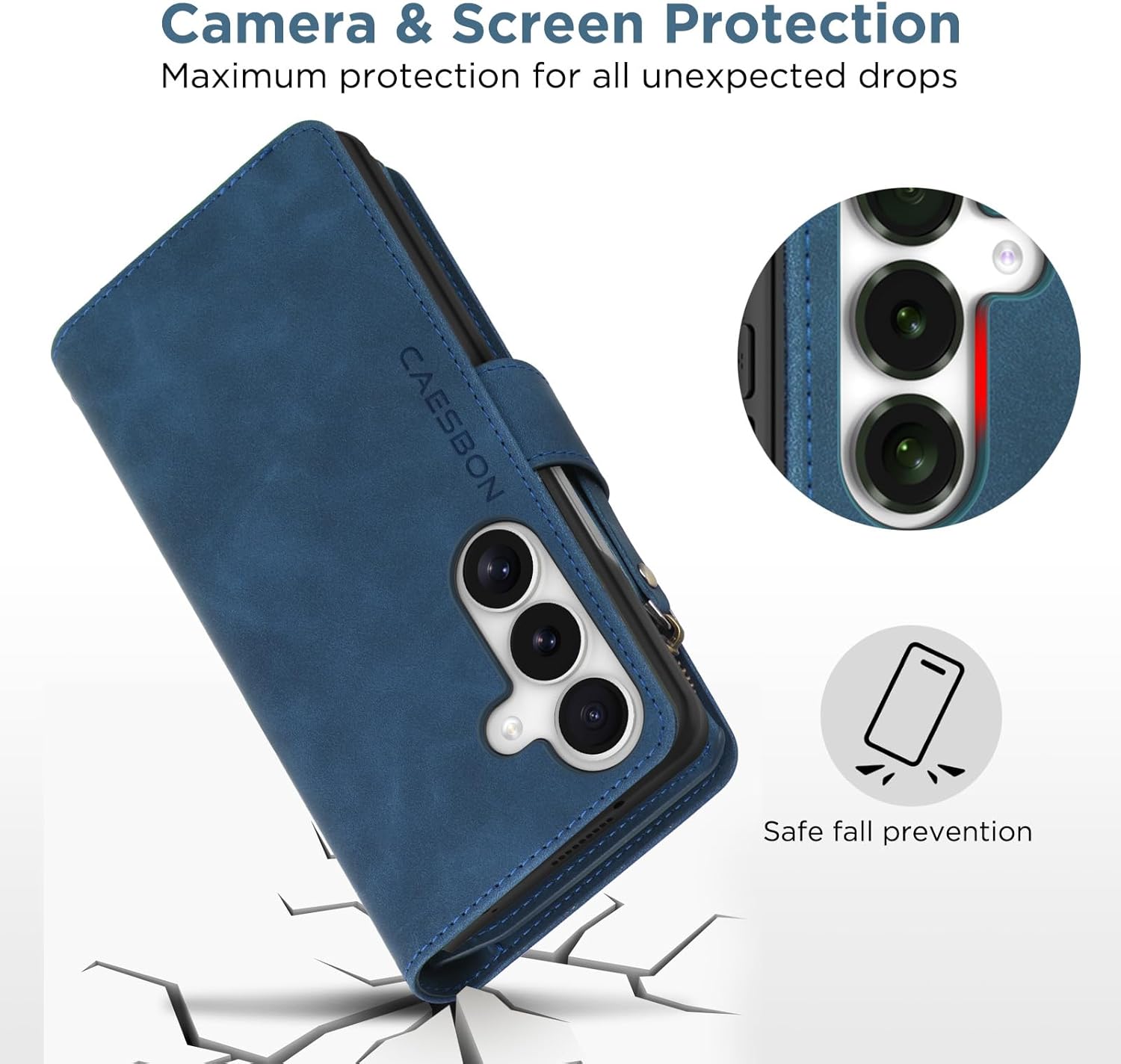 for Samsung Galaxy S26-Wallet Case: with RFID Blocking Card Slots (6 Cards) | Soft PU Leather Magnetic Snap Zipper Pocket | Crossbody Wrist Strap Protective Phone Cover - Blue