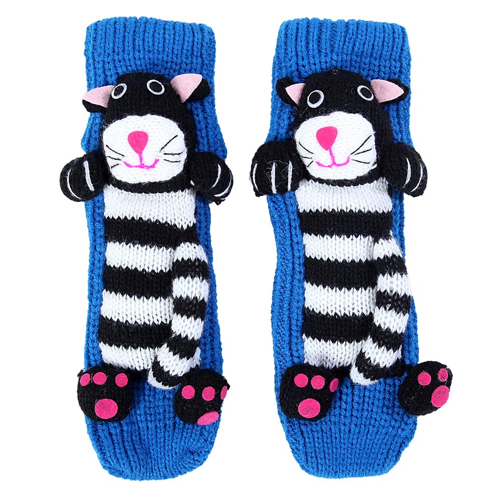 Christmas Non-slip Knit Sweater Warm Household Floor Socks for Women Warm Winter Indoor Floor Slipper Socks 3D Cartoon Animal House Socks for Women (Blue Cat)