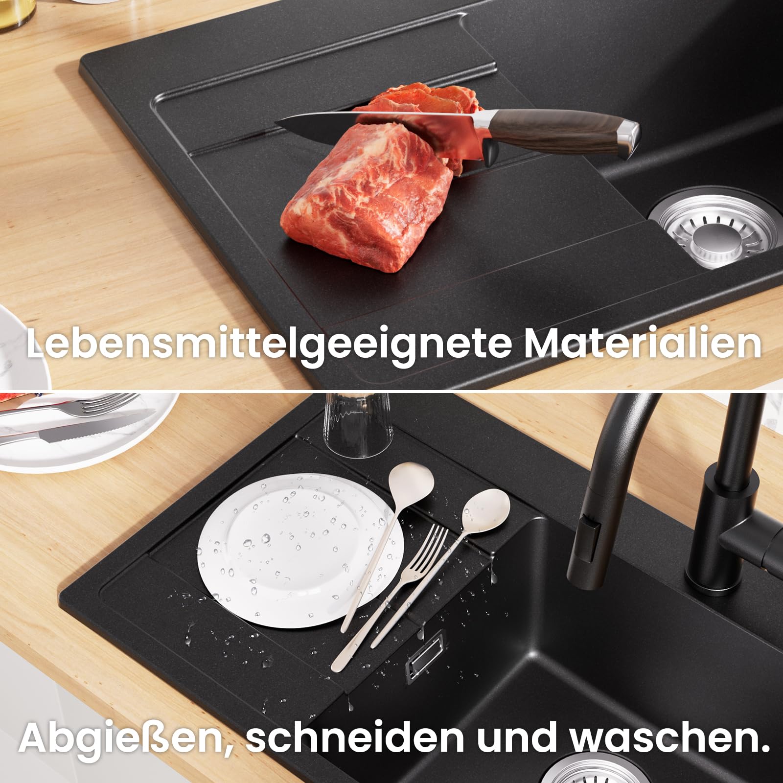 CECIPA Fregadero de cocina negro 65 x 45 cm con grifo extensible, fregadero de granito a partir de 40 cm de ancho, fregadero con sifón y rebosadero, fregadero con escurridor | CECIPA Fregadero de cocina negro con grifo extensible, fregadero de granito a p