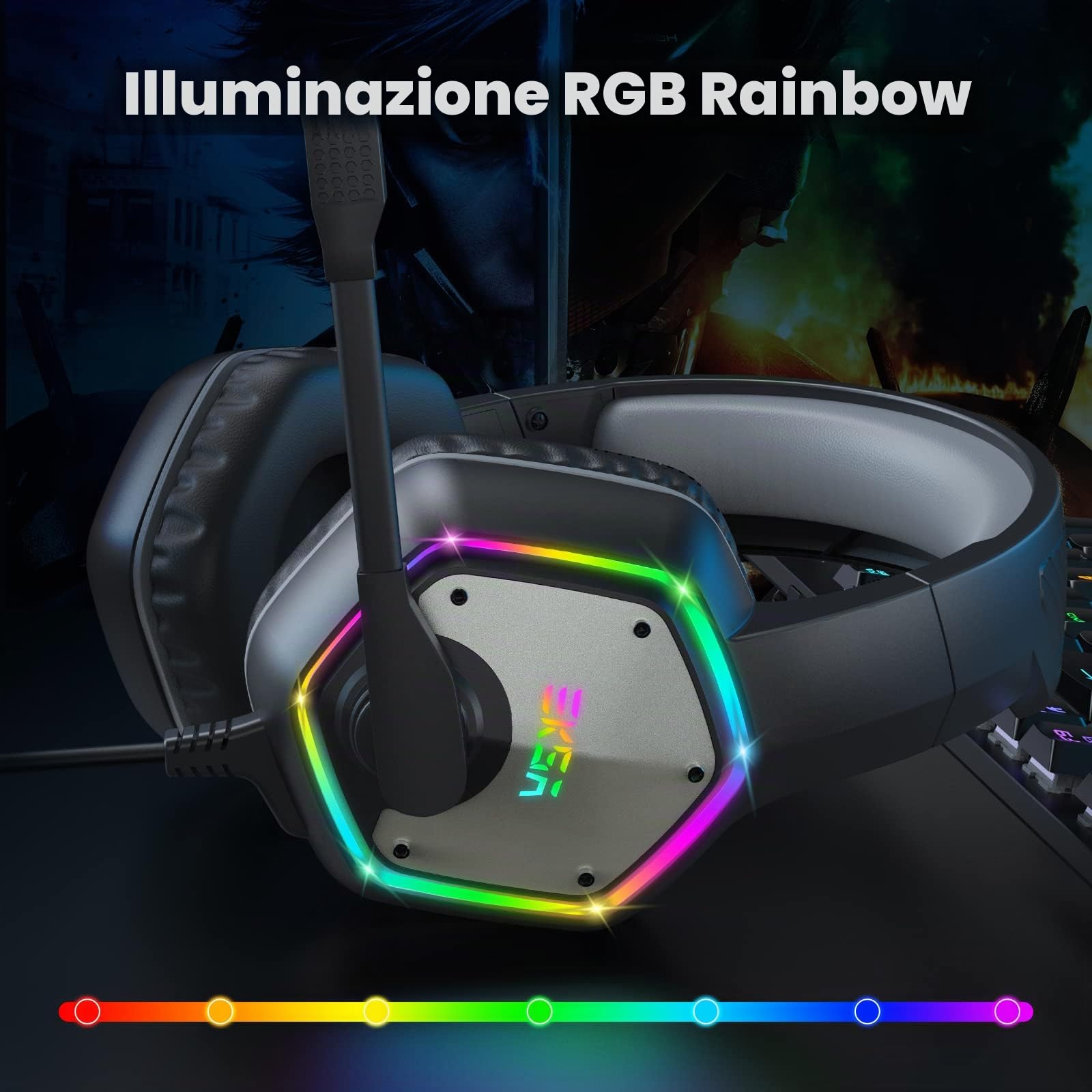 EKSA E1000 USB Cuffie Gaming per PC, Cuffie PS5 con Microfono，Cuffie da Gaming ENC Cancellazione del Rumore,Wired Headset with Mic Suono Surround 7.1,RGB Black