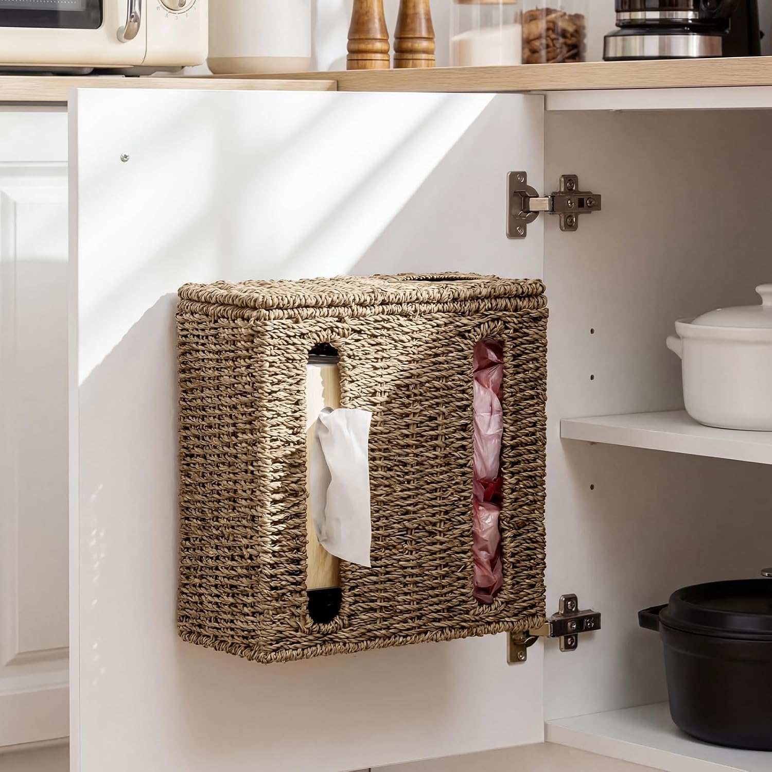 2 in 1 Trash Bag Dispenser and Plastic Bag Holder, Wicker Grocery Bag Holder with Lid for Plastic Bags, Wall Mount Seagrass Plastic Bag Organizer for Kitchen Cabinet Garage Countertop
