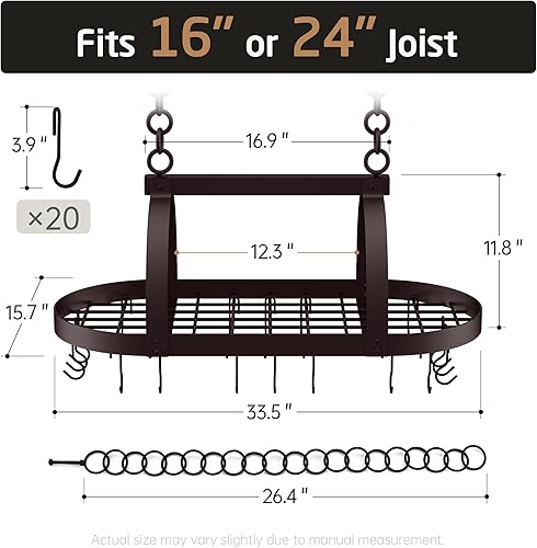 Miniatura 7 de KES KUR221S85-OB - Estante colgante de bronce aceitado de 34 pulgadas, soporte de techo ovalado resistente para ollas y sartenes para cocina, con 20