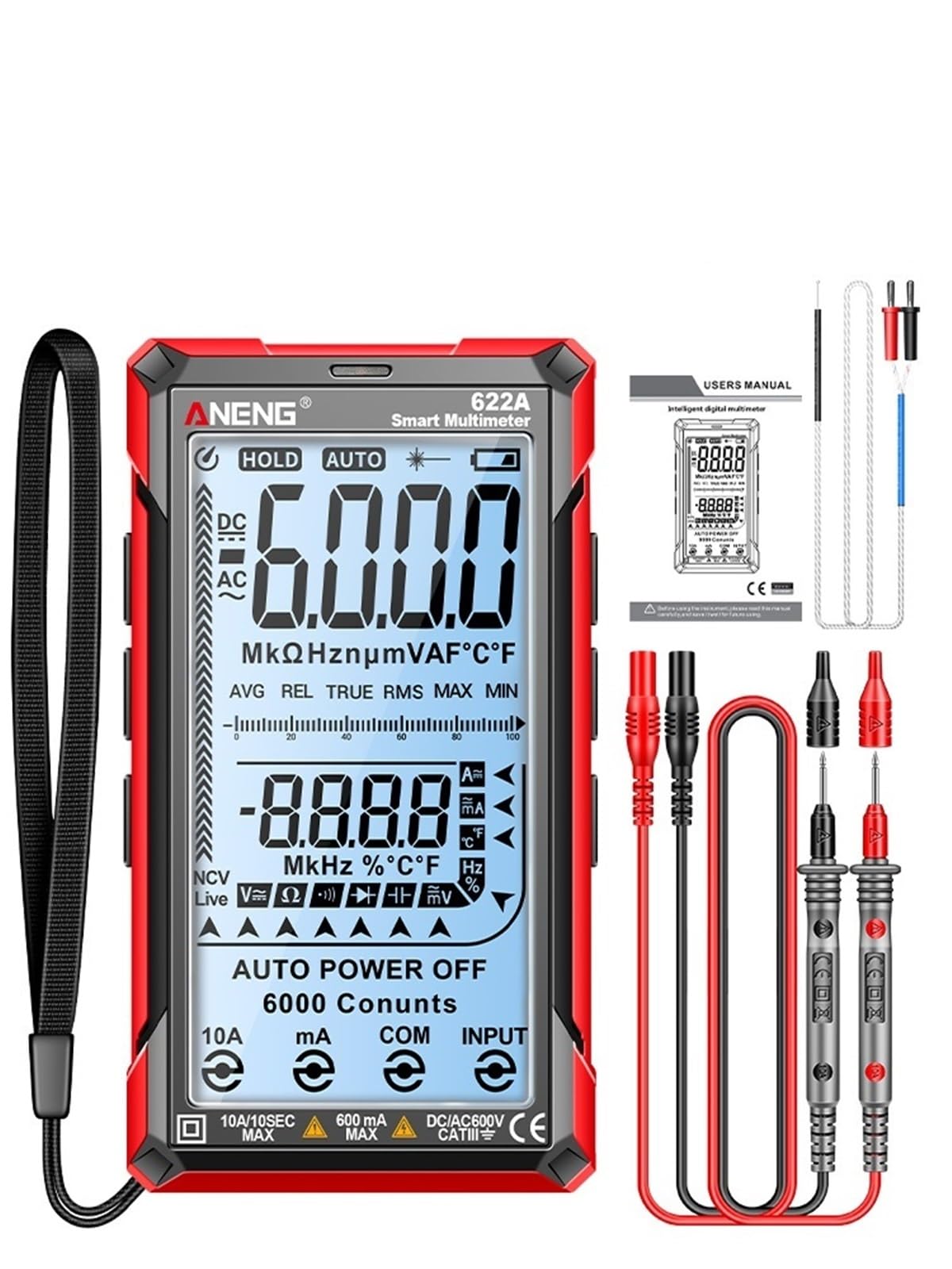 Profesjonalny multimetr cyfrowy 622A/622B, woltomierz AC/DC, amperomierz z lampą, pojemność, tester temperatury Ohm dla elektryka (622A)