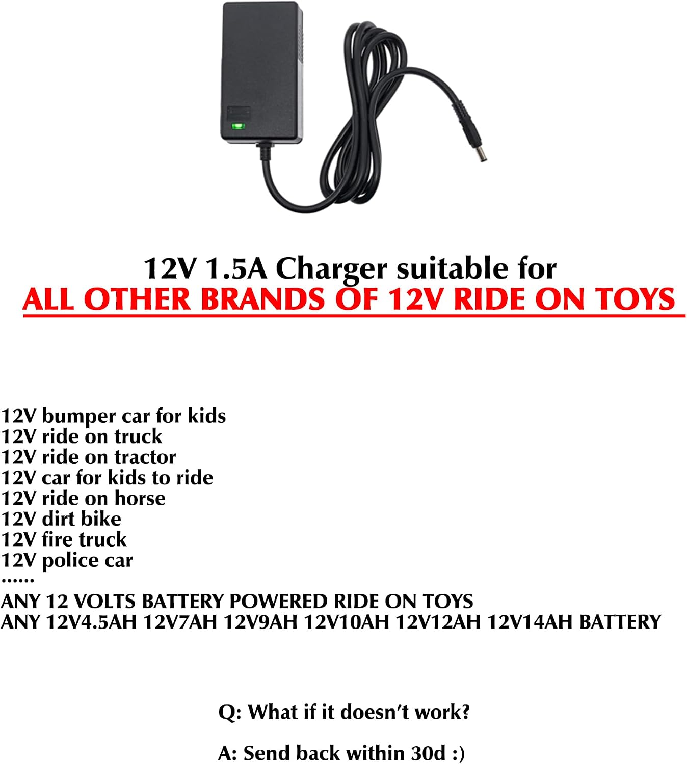 sopbost 12V 1.5A Charger for 12V Kids Ride On Car, Universal 12 Volts 1500mA Charger Replacement for Battery Powered Ride-on Toys Accessory