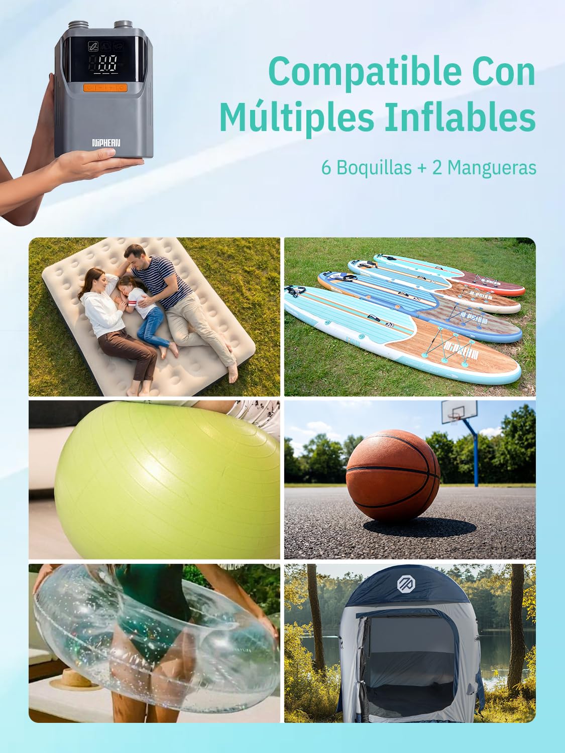 Niphean Inflador Electrico con Batería Integrada, 50 PSI Hinchador Electrico para Neumáticos, Sup y Colchones, Bomba de Aire Electrica Portátil con Apagado Automático para Inflables y Desinflado