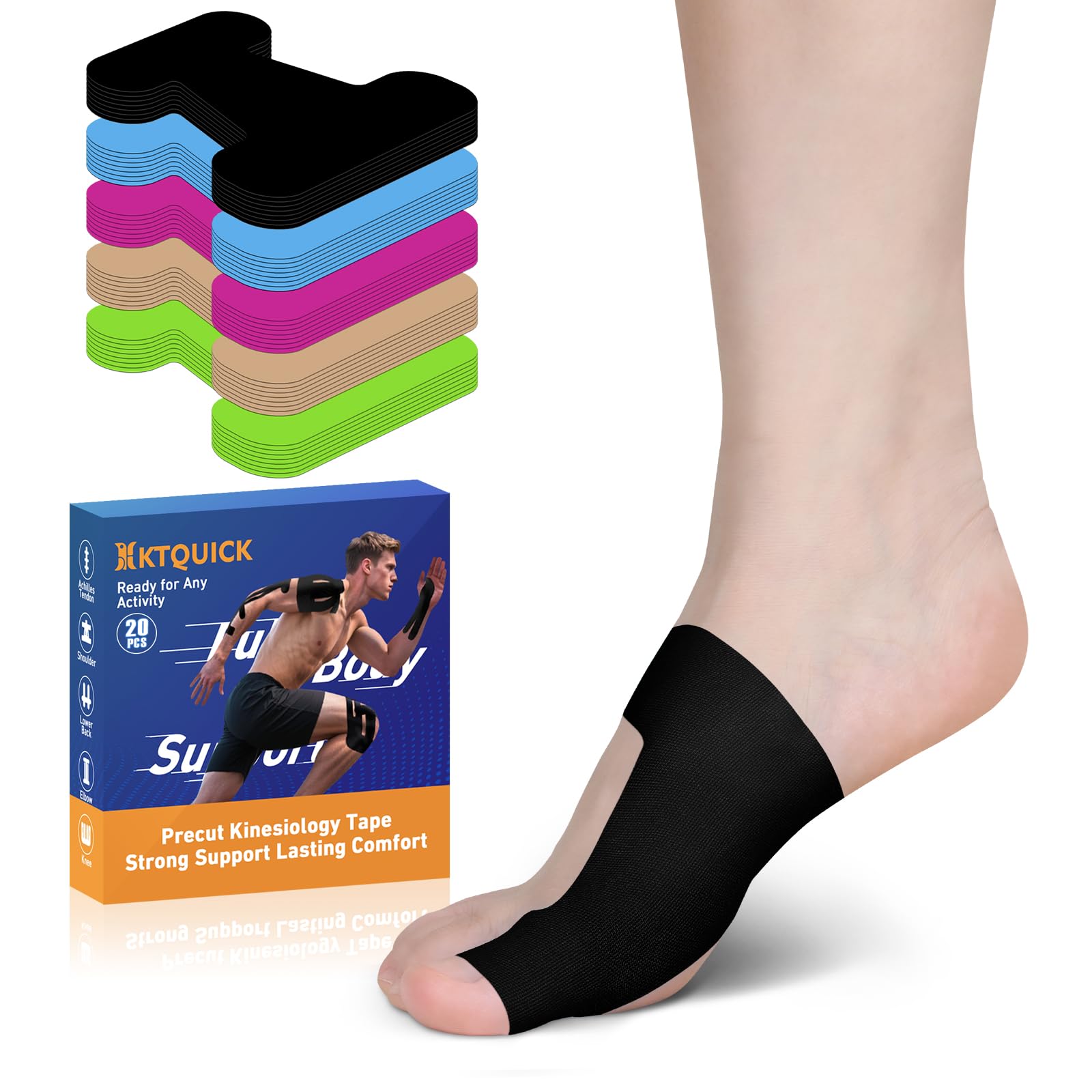 KTQUICK Precut Bunion Tape for Big Toe, 20 PCS, 20% Stronger Adhesive,Black