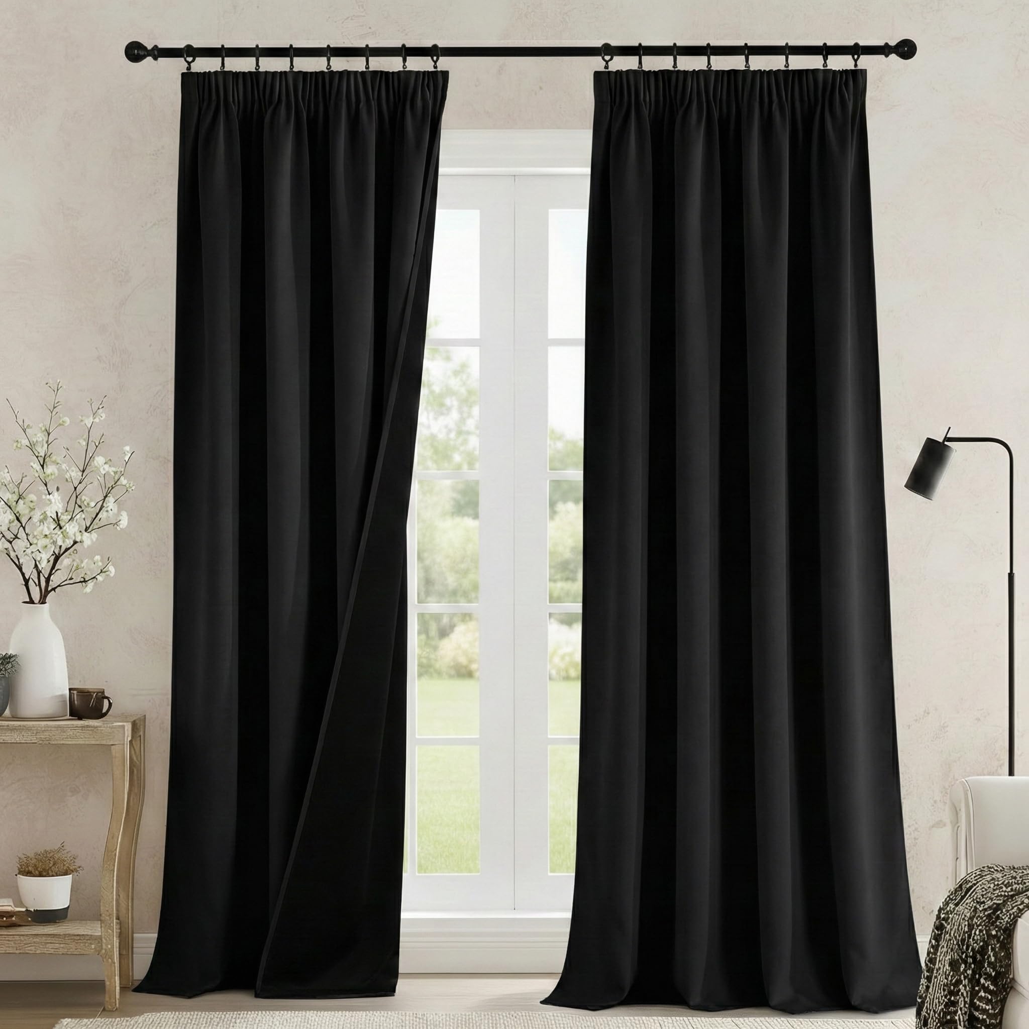 PONY DANCE 100% Blackout Curtains 90 Inch Long for Bedroom, Rod Pocket Thermal Insulated Curtains, Pencil Pleat Full Blackout Drapes with Black Liner for Living Room, 52 x 90 Inch, Black, 2 Panels — image 1