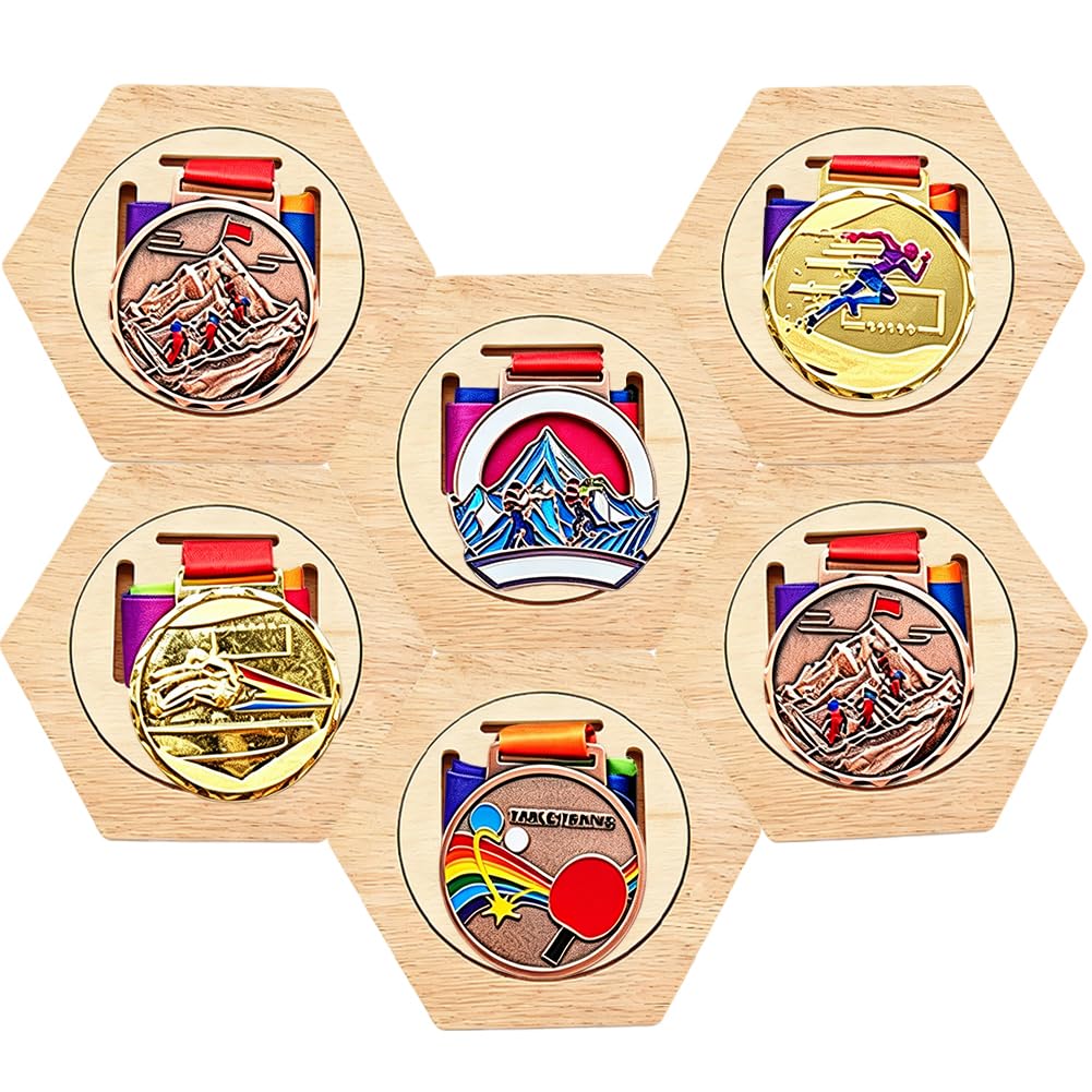 CREATCABIN 6 Stück Medaillenhalter Wabenförmiger Holzständer Wandmontage Sechseckiger Medaillenhalter Aufbewahrungskoffer Wandmontierte Medaillenpräsentation Für Lauf Marathon Turn 11.4x13.7x1.55cm