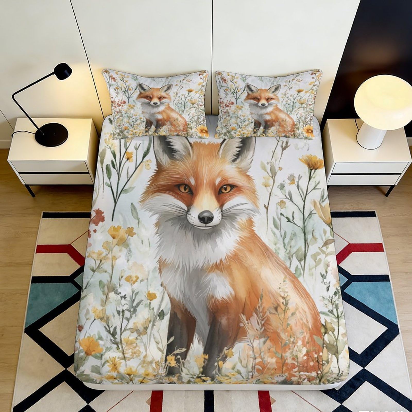 Uxinyoume Style-6 3D Printed Fox In Wildflowers Fitted Sheet Microfiber Non-Slip Mattress Cover For Bedroom Guest Room Easy Care 90X200x25cm