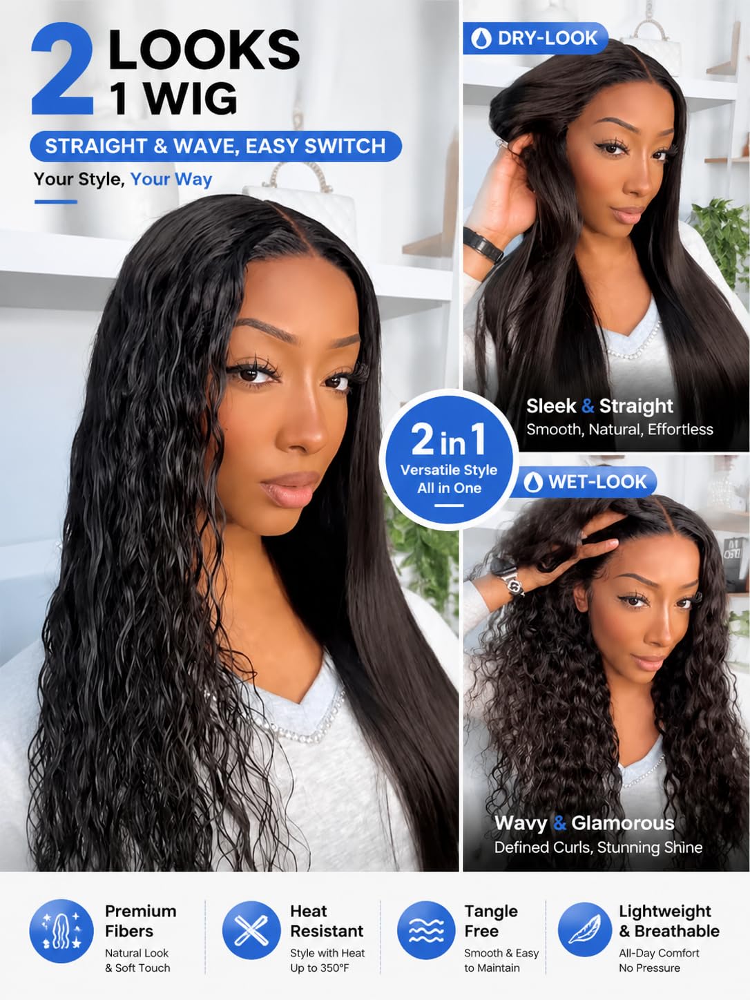 Nadula No Slip 2-in-1 Straight to Water Wave Drawstring Wig Human Hair,13x4 Pre Everything Glueless Wet and Wavy Wig Pre Plucked Hairline Bleached Knots,Beginner Friendly Ready to Wear Wig 24inch