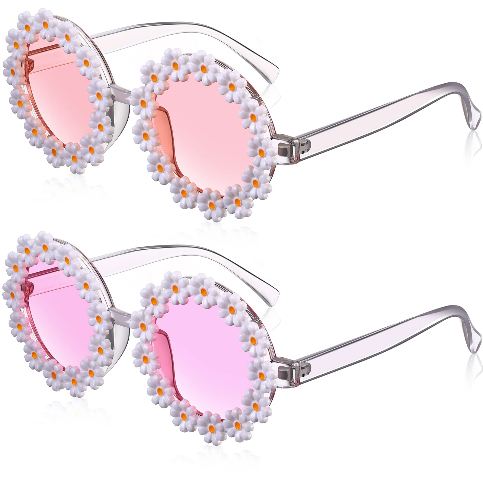 2 Pairs Daisy Flower Sunglasses for Women Round Flower Glasses for Adult kids Decor with Glasses Cloth Flannel Bag