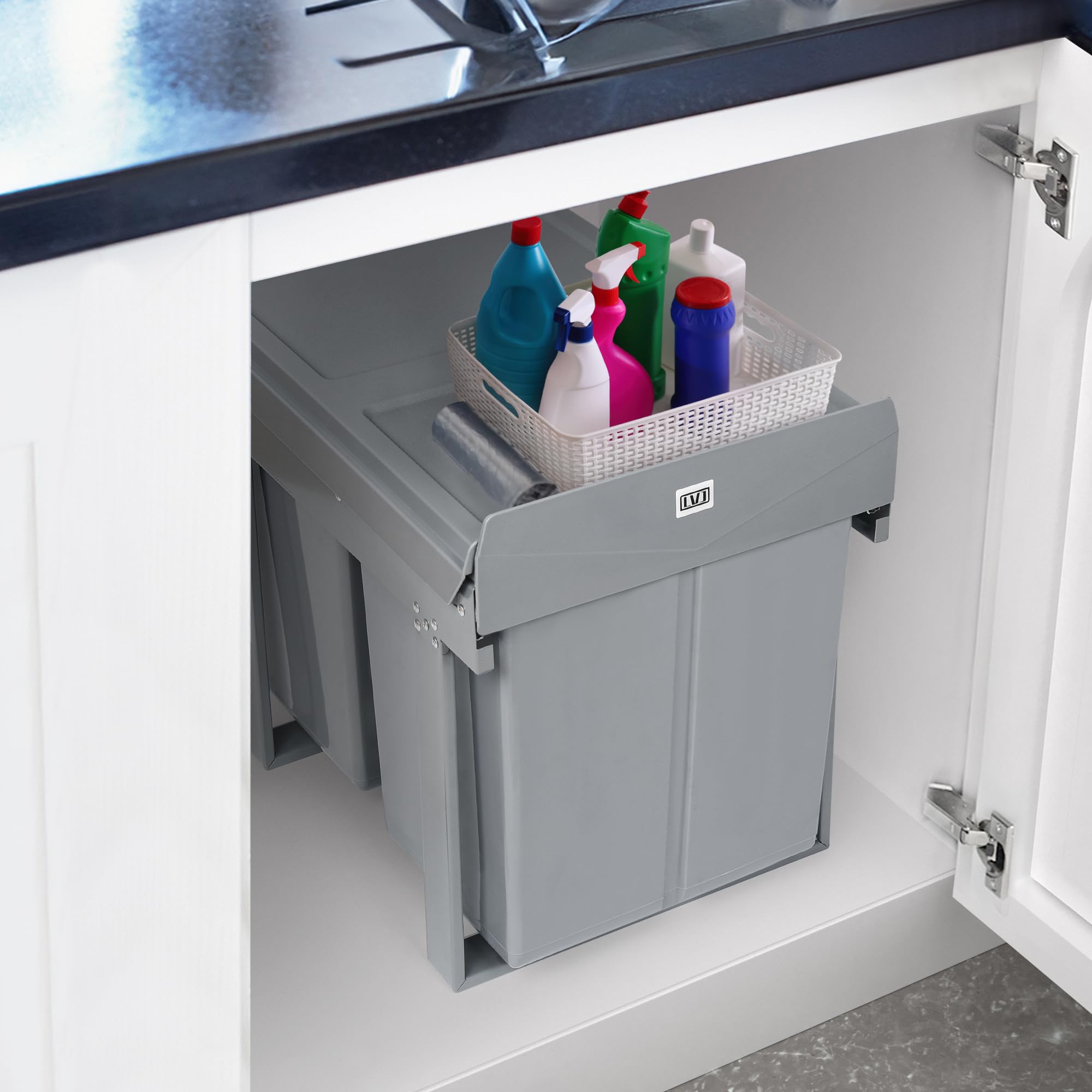 LVJ Amélioré 40L Poubelle Encastrable Sous évier- Séparation Des Déchets - 2 Compartiments Extensibles - 2 x 20 l - Dimensions: 47.8 x 34.8 x 41.7 cm (L x l x H) - Gris
