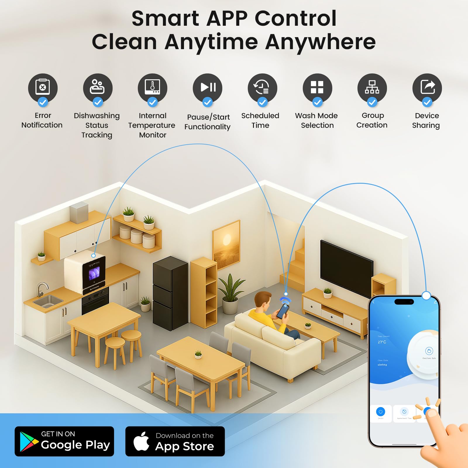 Mini lavastoviglie, BLITZHOME lavastoviglie piccola portatile controllo smart app, 9 programmi, serbatoio dell'acqua da 5,2 l, utilizzabile con/senza allacciamento idrico, asciugatura, avvio ritardato
