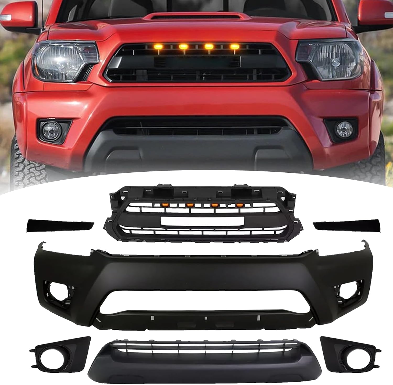 Bewild Front Bumper Body Kit Fit For 2012-2015 Toyota Tacoma Front Bumper Cover With Modified Grille Assembly + Headlight Filler Trim Panels + Foglight Bezel Covers