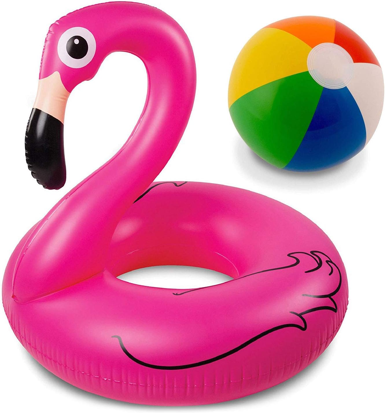Megon Inflatable Giant Pink Flamingo Rubber Ring Lounge, Outdoor Swimming Pool Float, Party Beach Raft Toy great for both Adults and Kids + Beach Ball