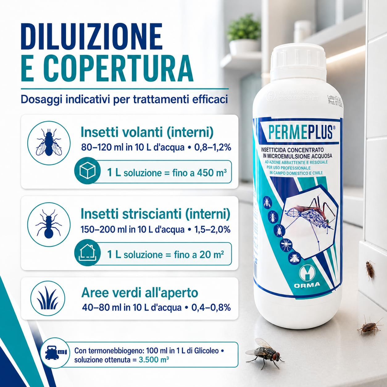 ORMA PERME PLUS | 1 Litro Insetticida Concentrato Zanzare, Mosche, Insetticida Blatte in Microemulsione - Azione Snidante e Residuale - Uso Interno ed Esterno - Inodore e Facile da Usare