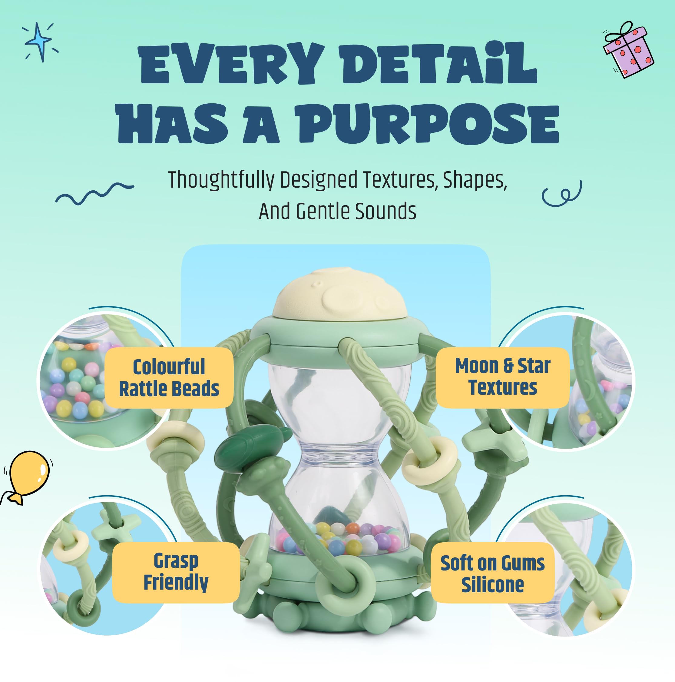 Baby Teething Toy & Rattle by Jumble Dream, BPA-Free Teether Silicone Sensory Toy for Babies, 0-12 Months Infant Toy, Soft - Image 2