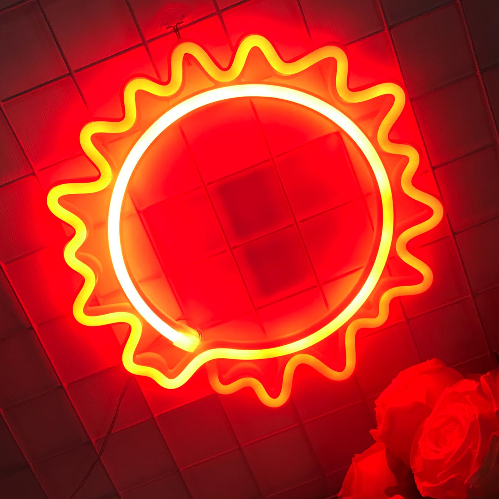 Beautiful Bedroom With Sun Neon Sign Red Sun Neon Light Indication USB/3-AA Battery Powered Night Light Neon Light Decoration Bar Living Room Birthday Christmas Halloween Party — image 1