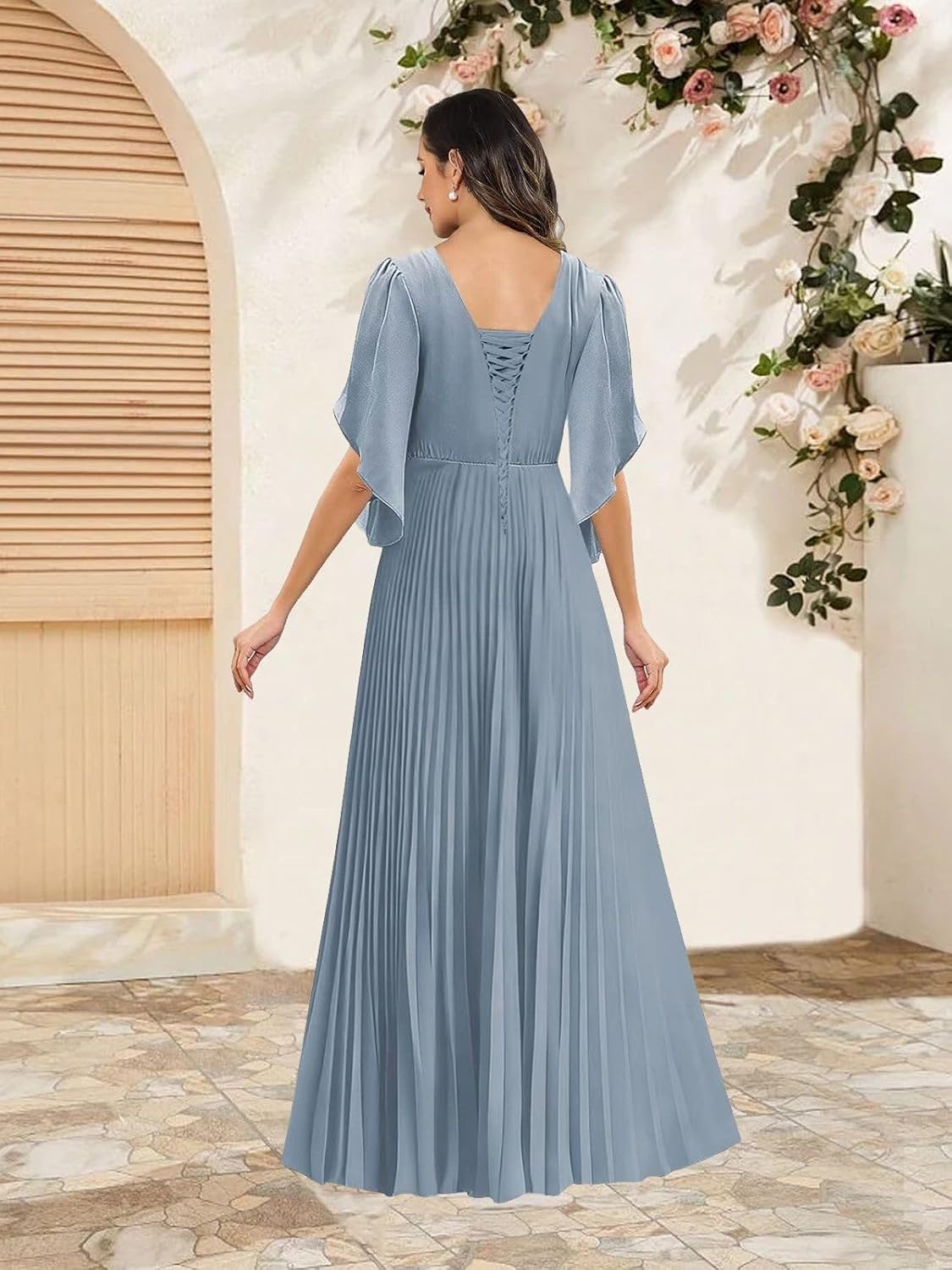 Chiffon Mother of The Bride Dresses for Wedding with Sleeve V-Neck Ruffles Formal Wedding Guest Dress AD197
