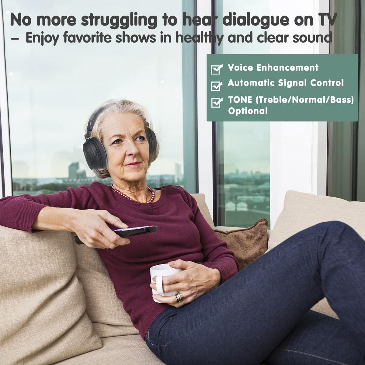 Woman wearing SIMOLIO headphones watching TV with voice enhancement features