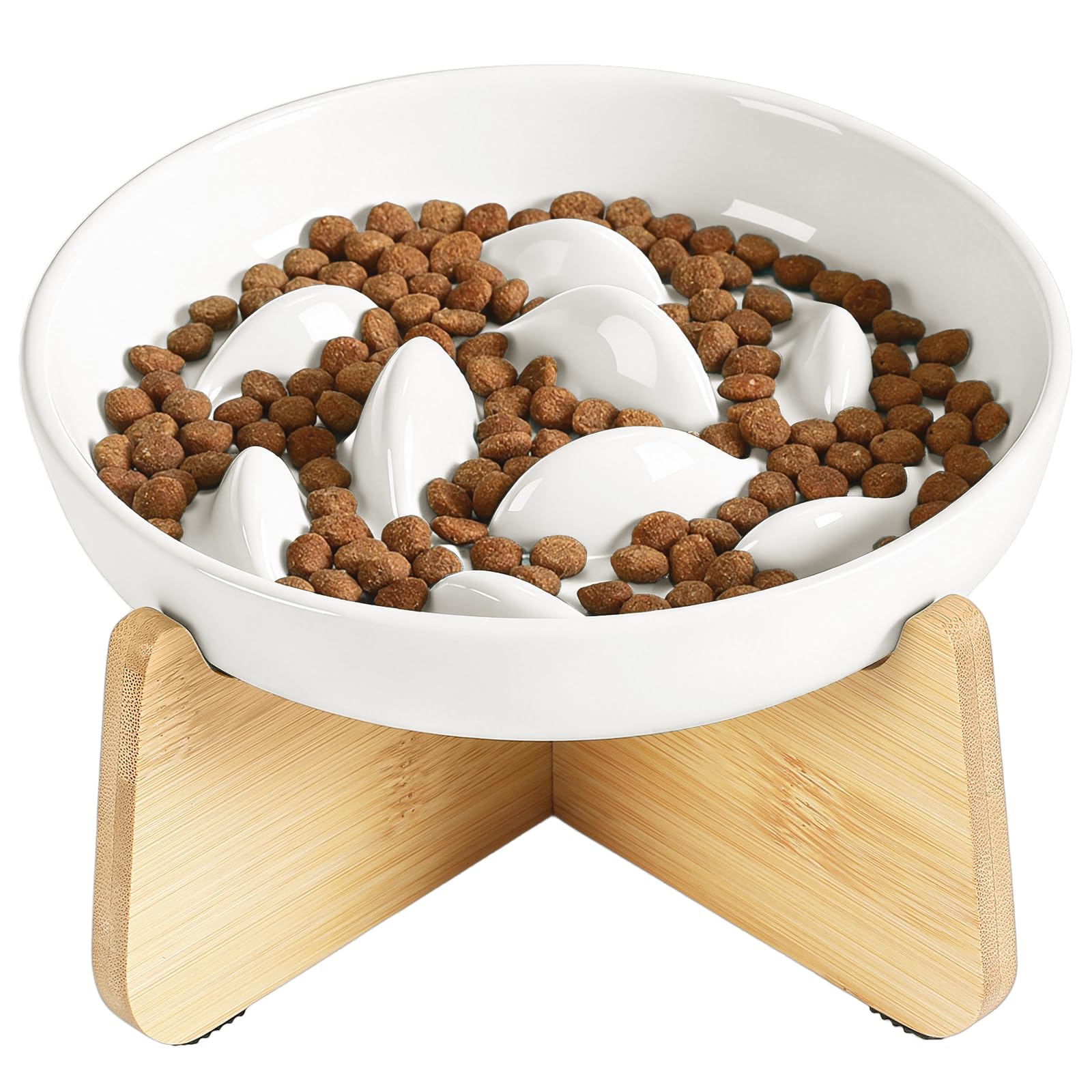 PETTOM Slow Feeder Cat Bowl Ceramic with Bamboo Stand, Raised Rim Spill Proof Slow Eating Cats Bowls for Wet Food/Dry Food(White) — image 1