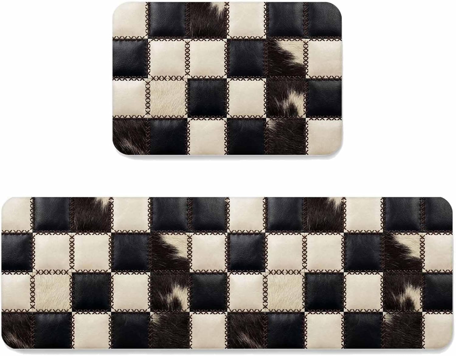 Leather Patchwork Kitchen Mat Set 2 Pieces Country Farmhouse Black White Brown Plaid Checkered Non Slip Kitchen Rugs Washable Runner Rug Mats for Floor Sink Laundry Office 23.6" x 35.4"+23.6" x 70.9"