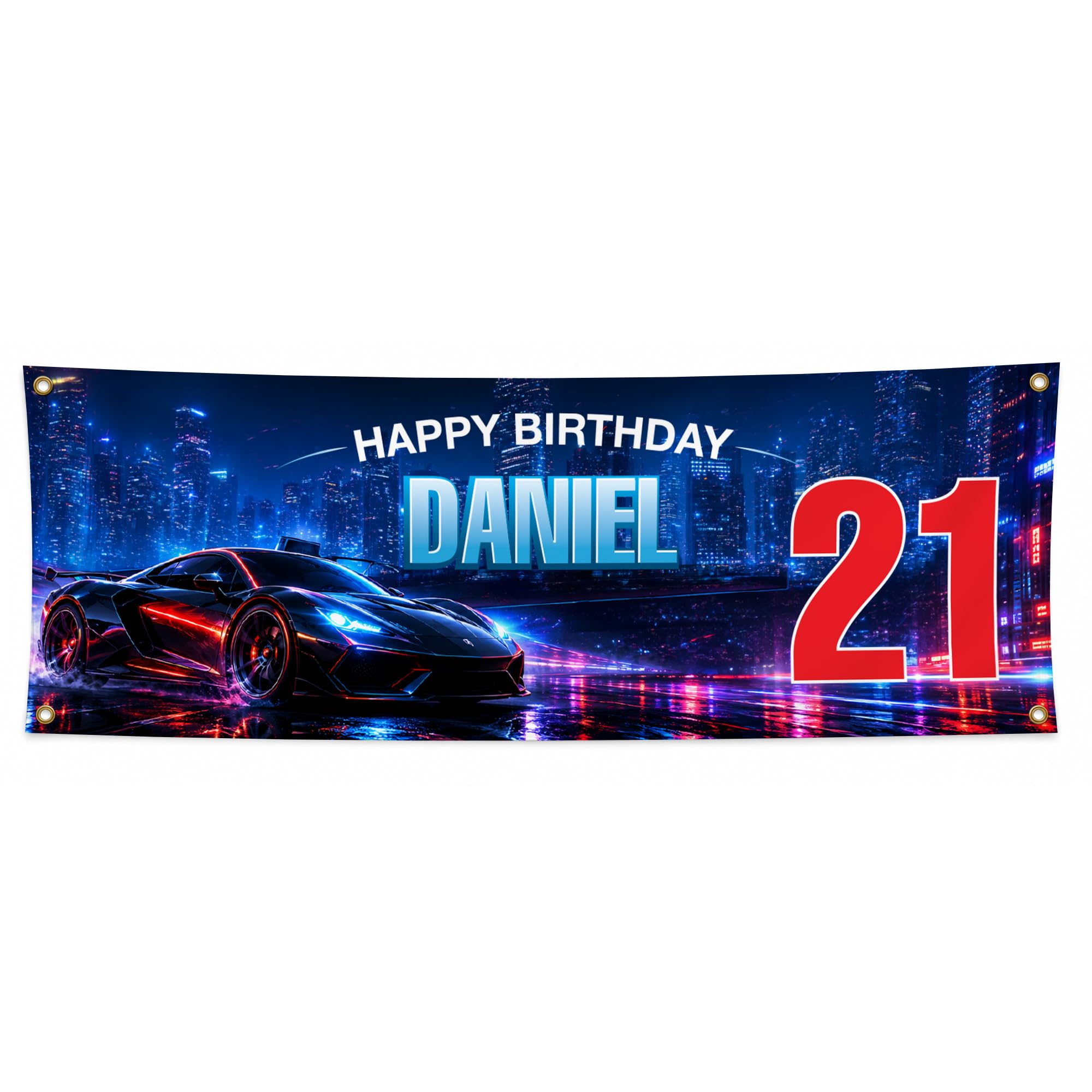 Personalised Birthday Banner with Name & Age, Custom Party Decoration (Neon Supercar)