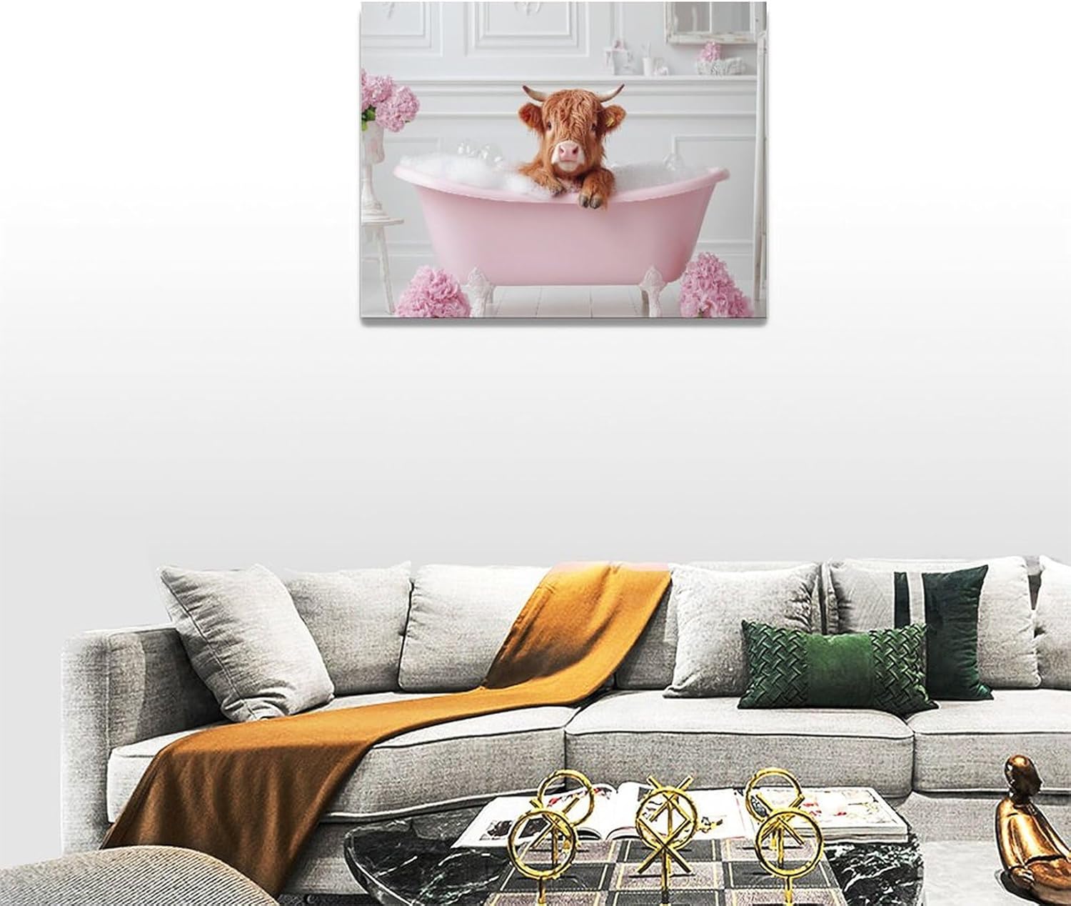 Bathroom Cow Wall Art Highland Cow Wall Decor Pink Pictures Canvas Painting Framed Artwork Home Decorations for Toilet Lavatory Living Room Bedroom 16"x12"