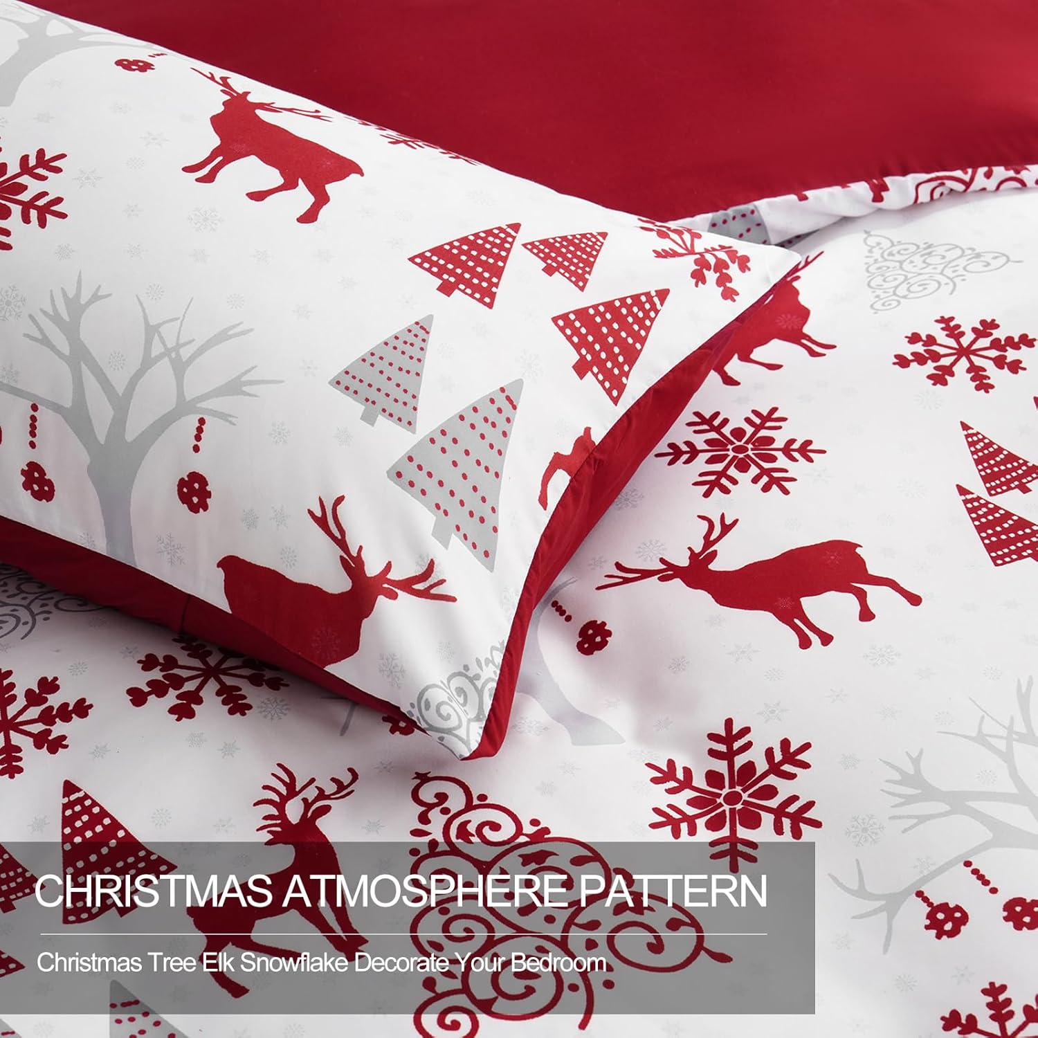 Drucon Christmas Duvet Cover Set King Reindeer Snowflakes Bedding Set Soft Microfiber Duvet Cover with 2 Pillowcases for Home Decoration - Image 7