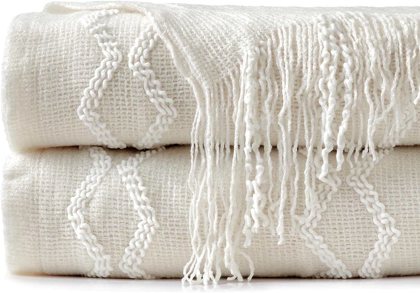 BOURINA Fluffy Chenille Knitted Fringe Throw Blanket Lightweight Soft Cozy for Bed Sofa Chair Throw Blankets, Off White 50" x 60" - Image 4