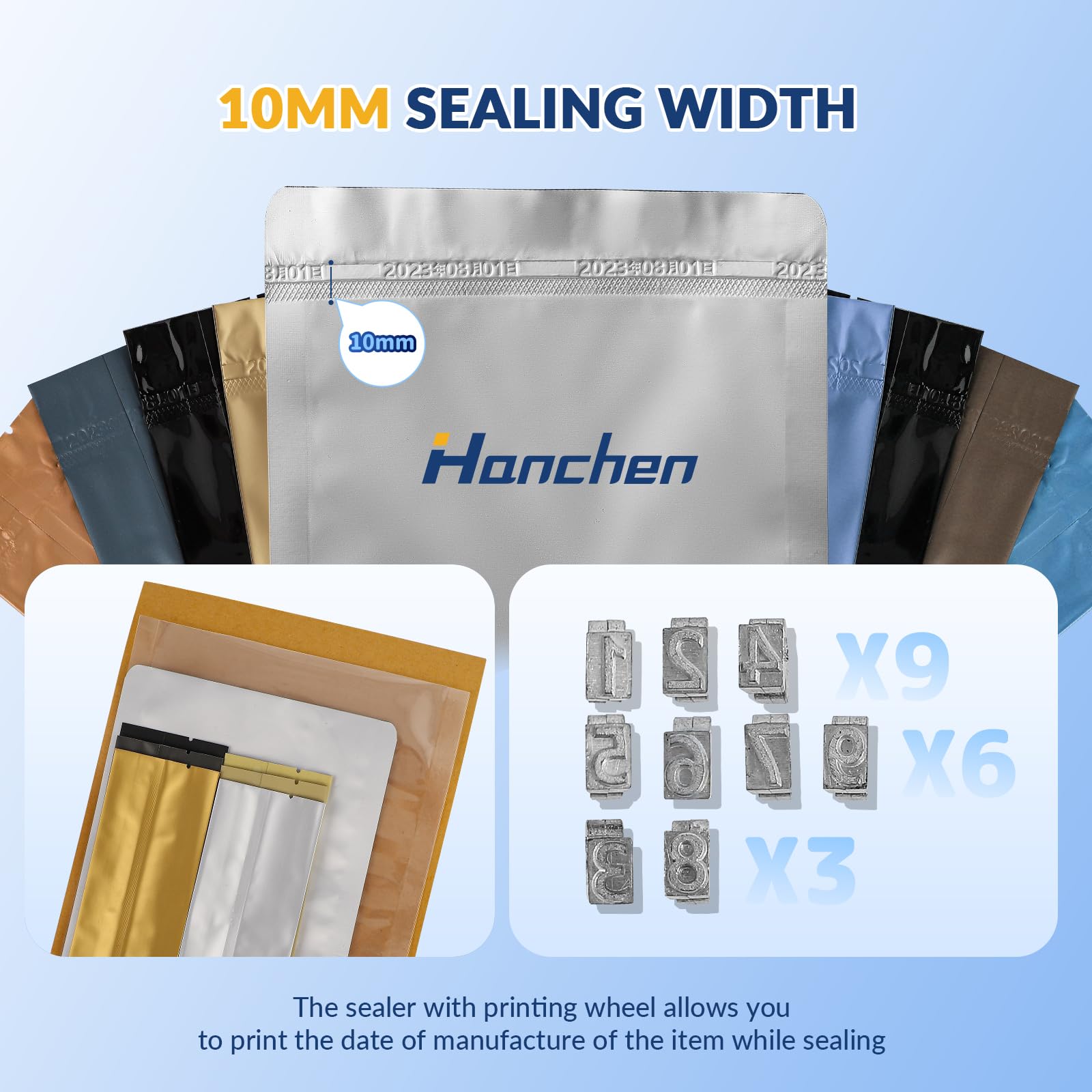 Hanchen Sellador continuo automático de 6 m/min, máquina de sellado de banda continua, temperatura y velocidad ajustable, sellador térmico de rodillo de 3000 W para bolsas de plástico, bolsas de papel