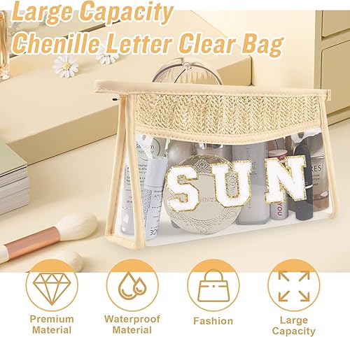 Miniatura 8 de Iqimott Bolsa de maquillaje transparente con parches bohemios, bolsa de maquillaje con cremallera impermeable, bolsa de aseo, Playa-Beige