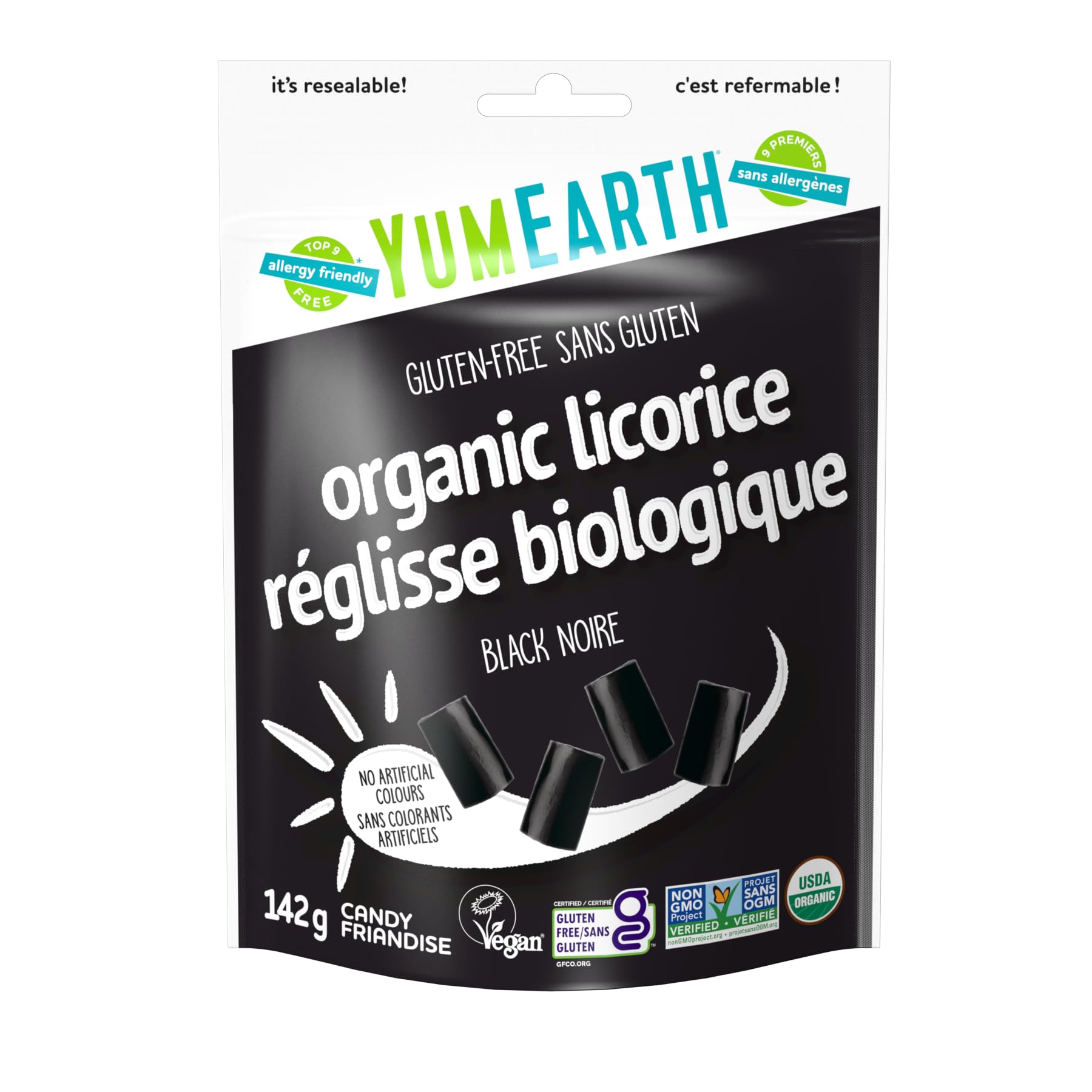 YumEarth Organic Black Licorice - No Artificial Colors, Allergy Friendly, Gluten Free, Non-GMO, Vegan, 142g