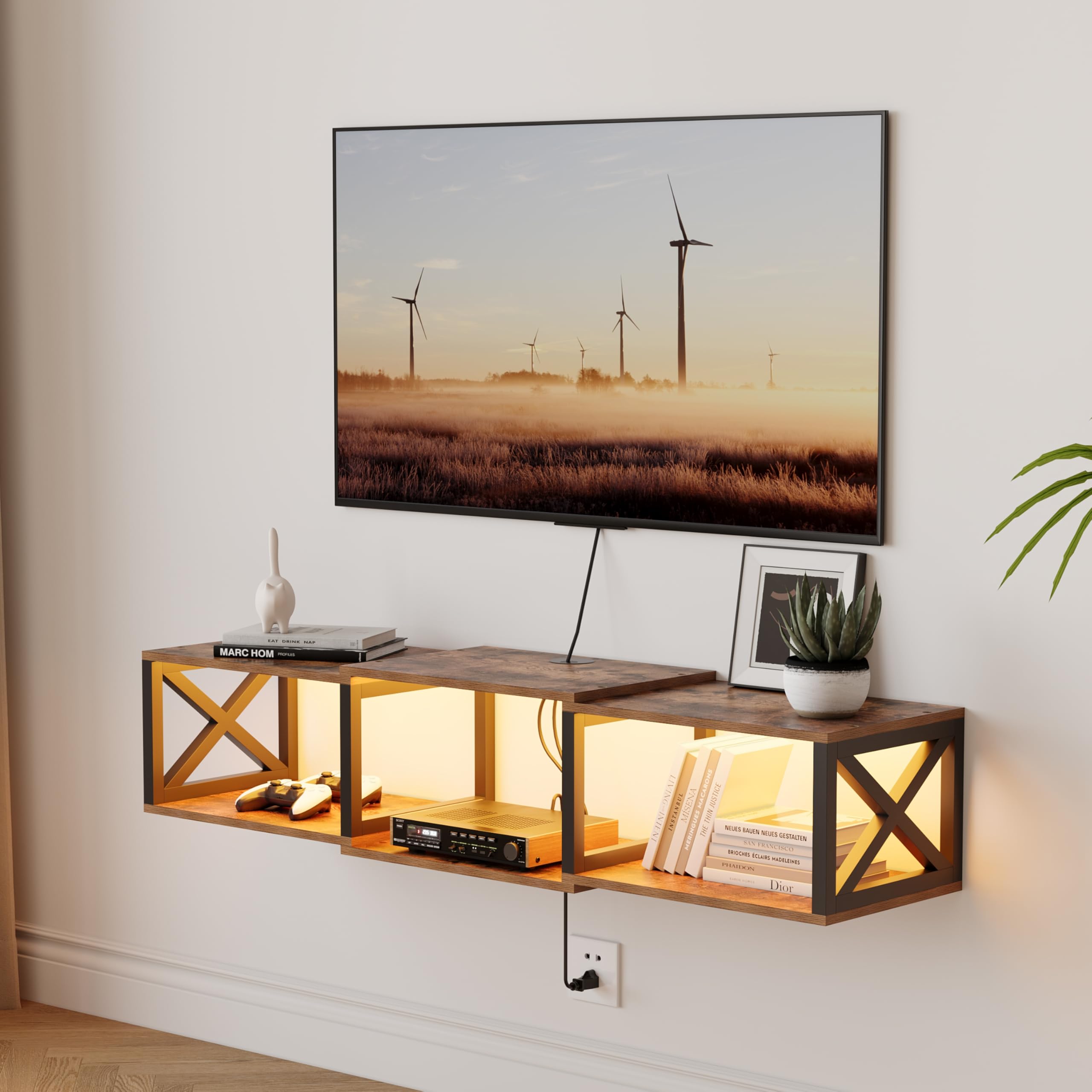 Soporte de TV flotante con tomas de corriente, consola de entretenimiento montada en la pared con luz LED, estante de TV flotante para almacenamiento debajo del televisor (marrón rústico, 46