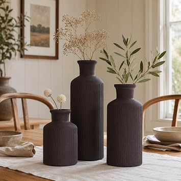 Brown Ceramic Vase Set of 3 Small Flower Vases, Modern Farmhouse Boho Flower Vases for Home Decor, Rustic Pottery Vases for Centerpieces, Living Room, Shelf, Fireplace, Entryway Decor, Table