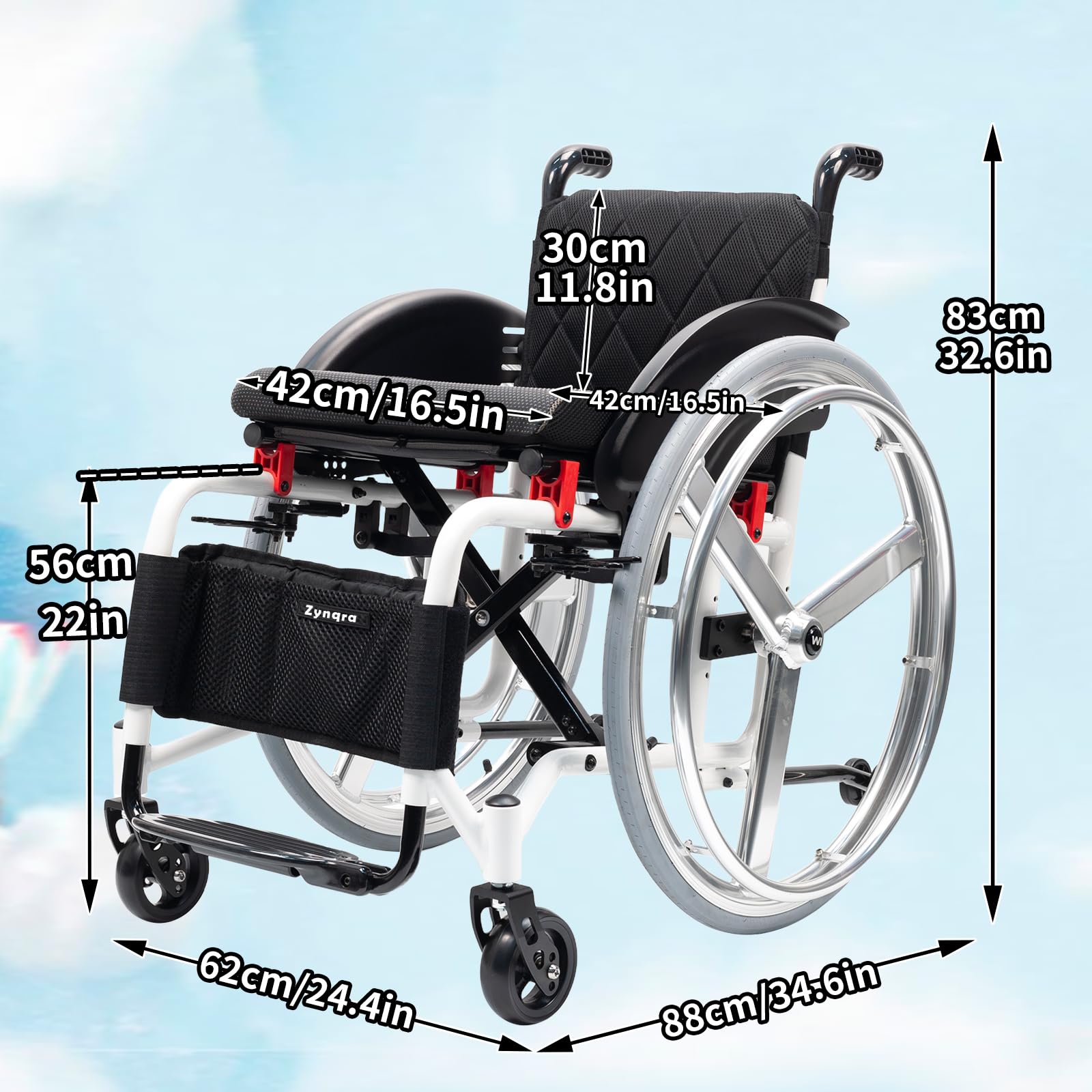 Ligera y plegable para transporte,illa de ruedas de aluminio para viajes, Silla de ruedas de tránsito,con freno de mano y ruedas de liberación rápida,Para mayores,minusválidos(16.5in seat width)